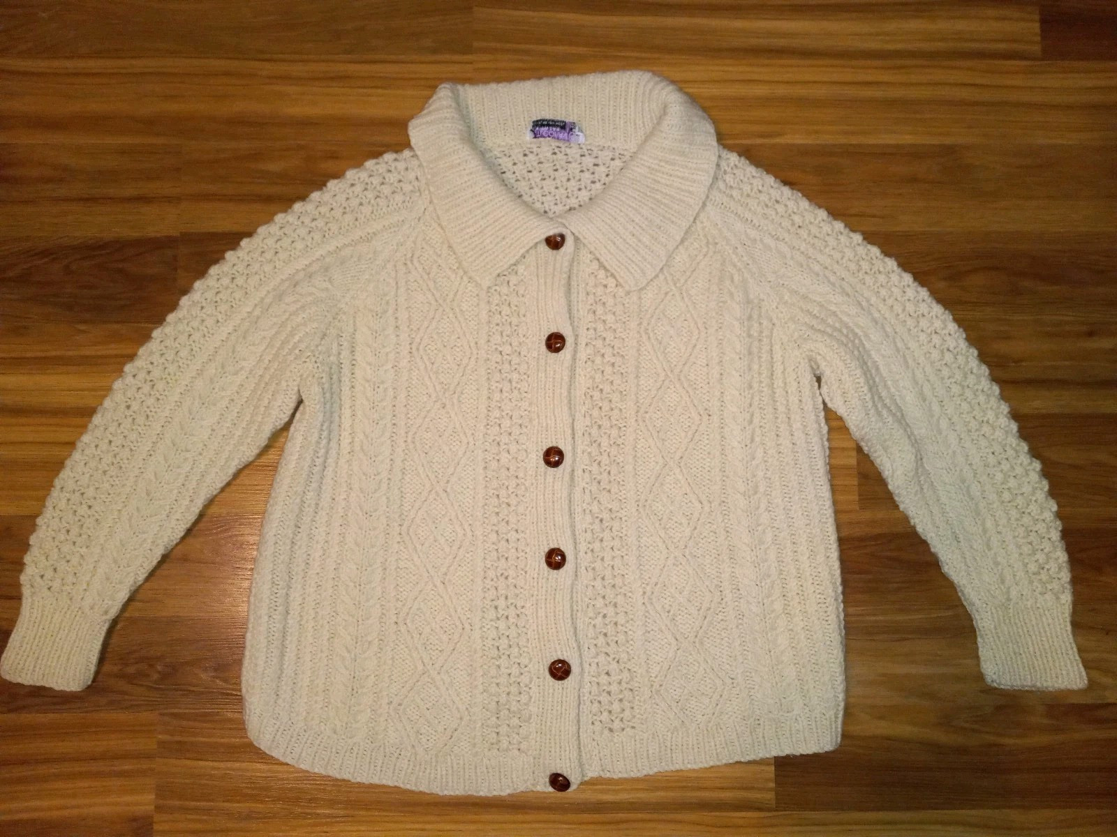 Vintage Pitlochry Scotland Wool Cable Knit Cardigan Shawl Collar EUC L/ XL