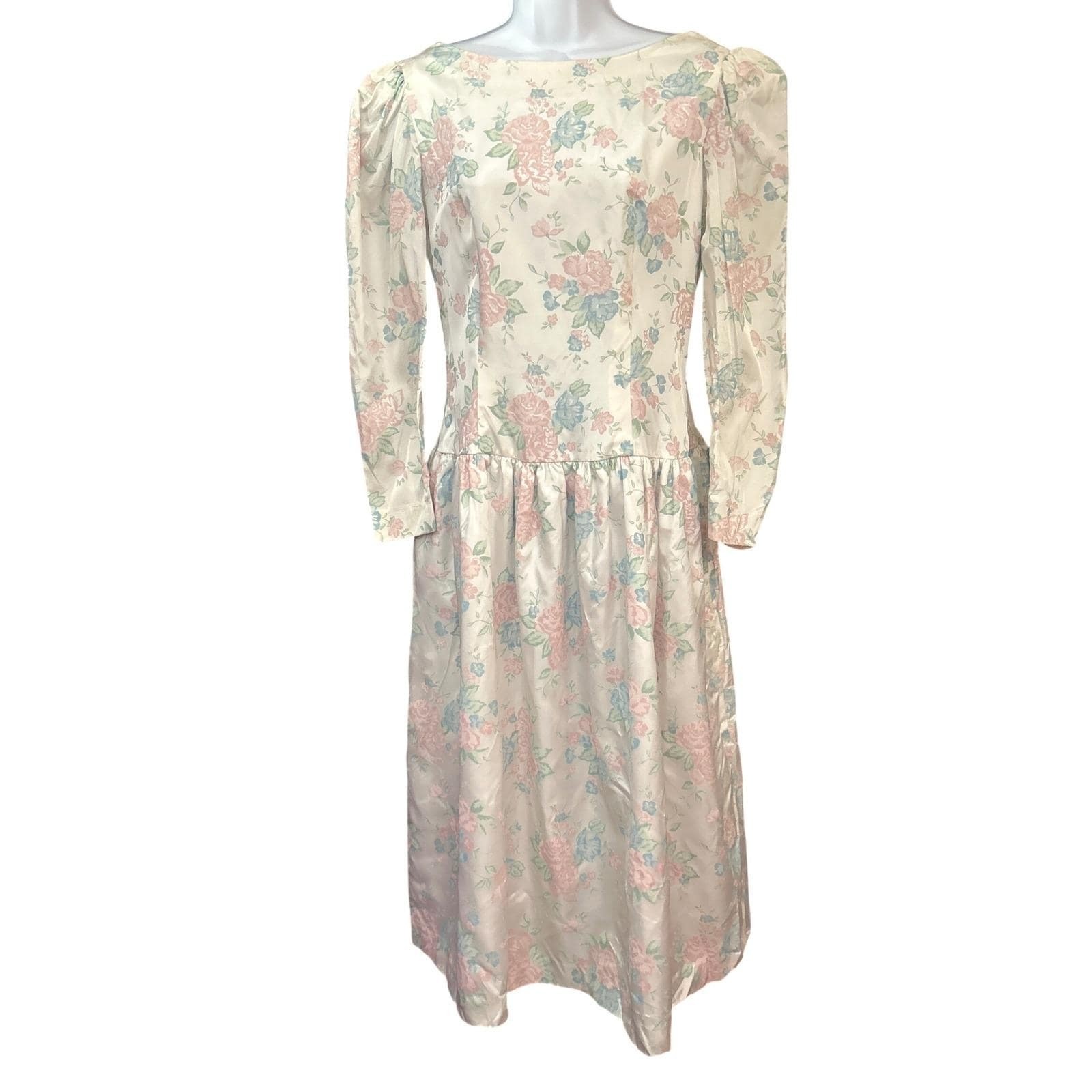 80s Pastel Floral Midi Dress Cottagecore Coquette Romantic Victorian Wedding
