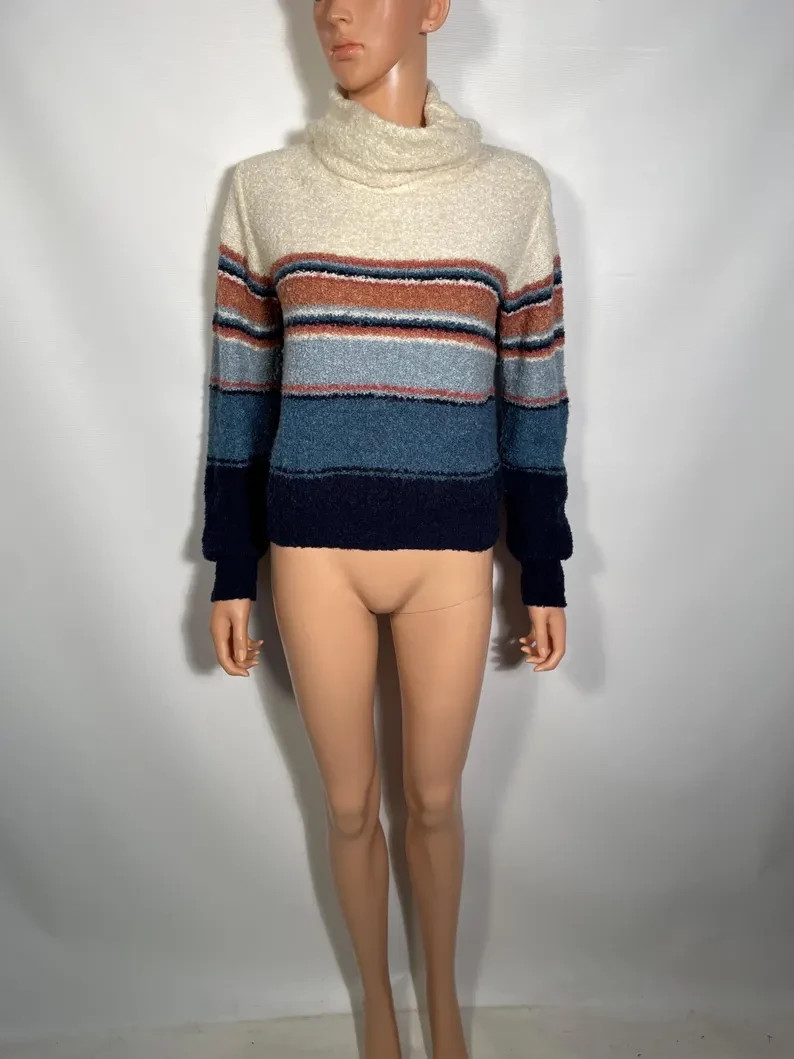 Vintage 1970s Fuzzy Bouclé Knit Striped Turtleneck Sweater Size M