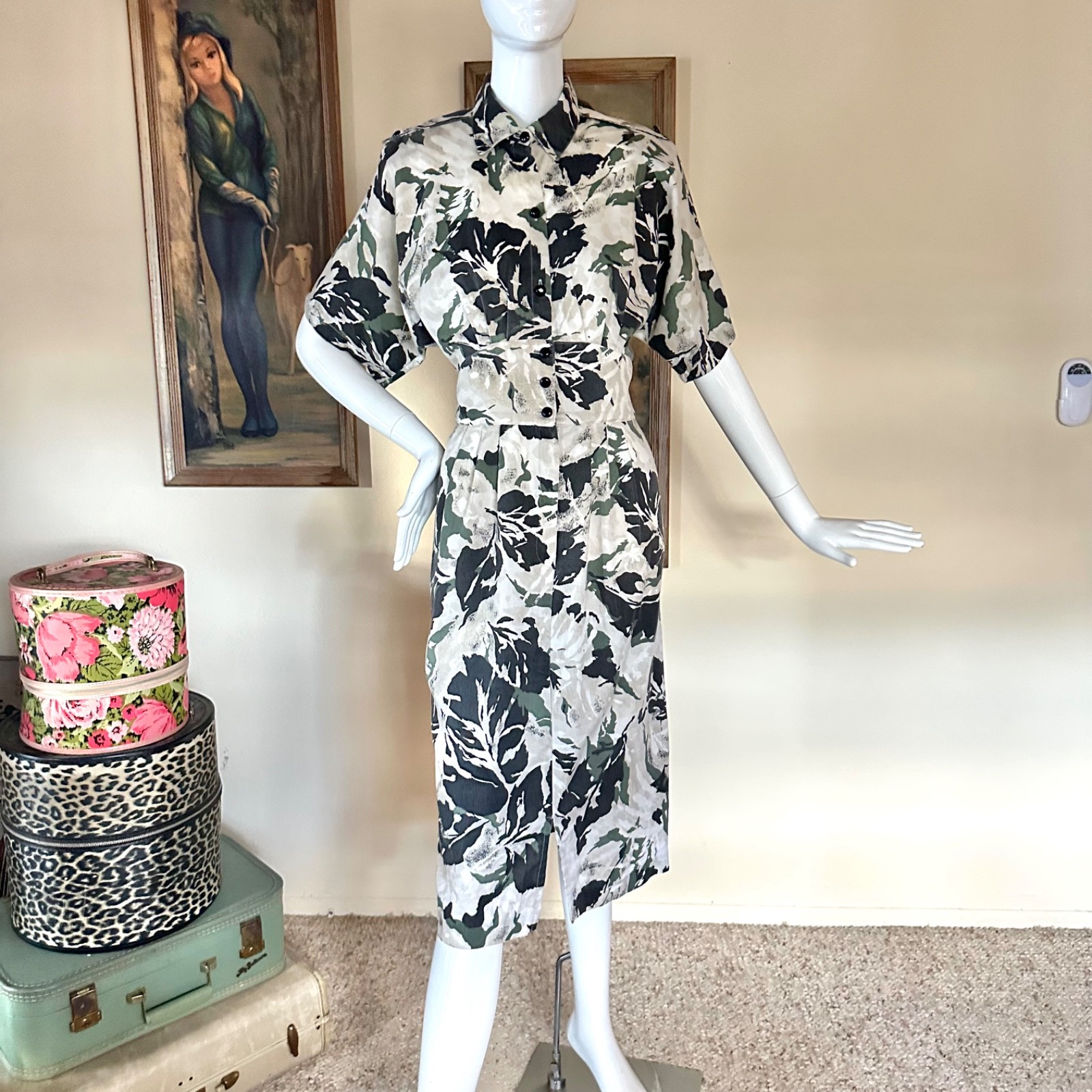 Vintage 1980s New Wave Camo Print Shirtwaist Uniform Military Day Dress M