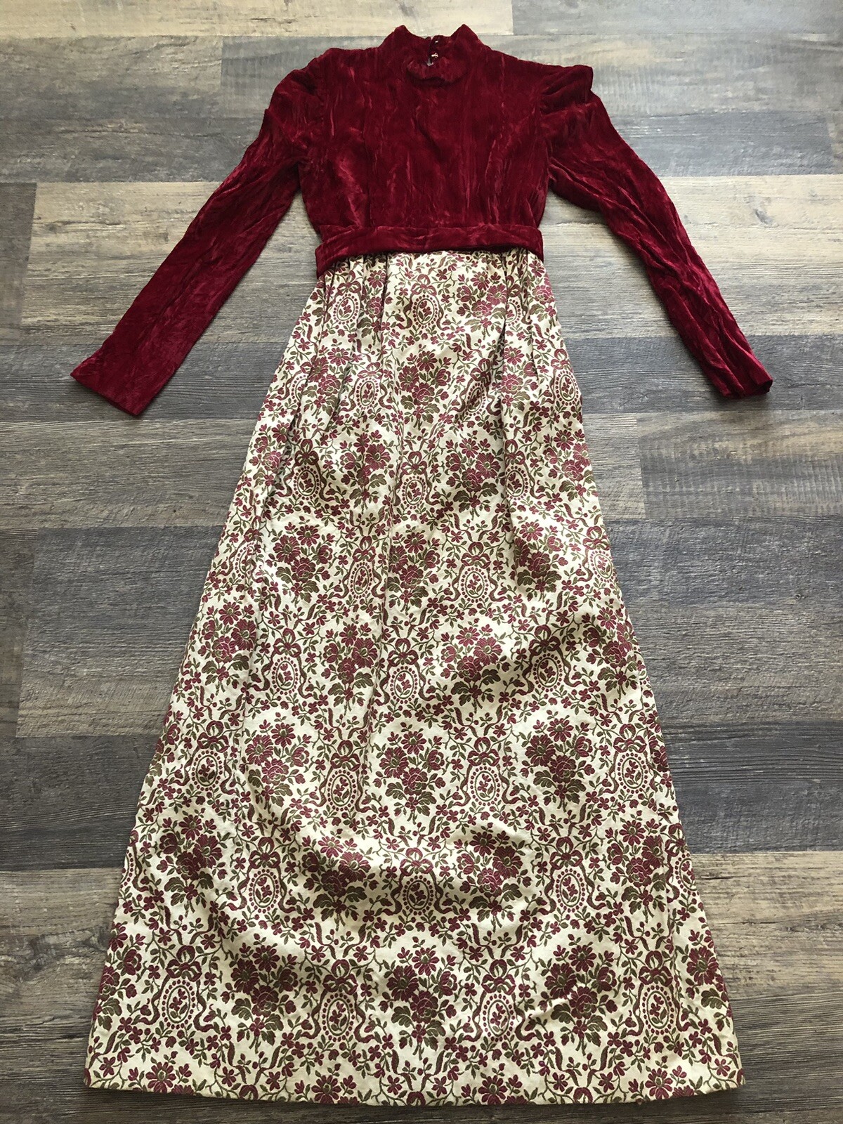 Vintage 60s Designer Glam Hostess Burgundy &Ivory Brocade Velvet Maxi Dress~XS/S