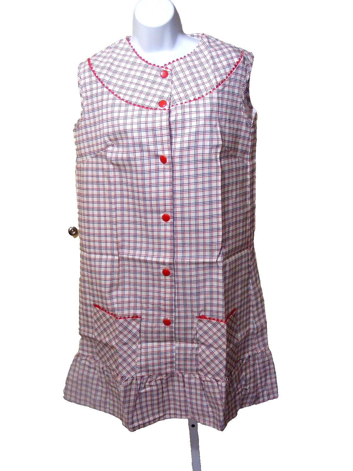 60s SHIRT DRESS / NIGHT DRESS BUTTON UP R W B TATTERSALL CHECK RUFFLE HEM M
