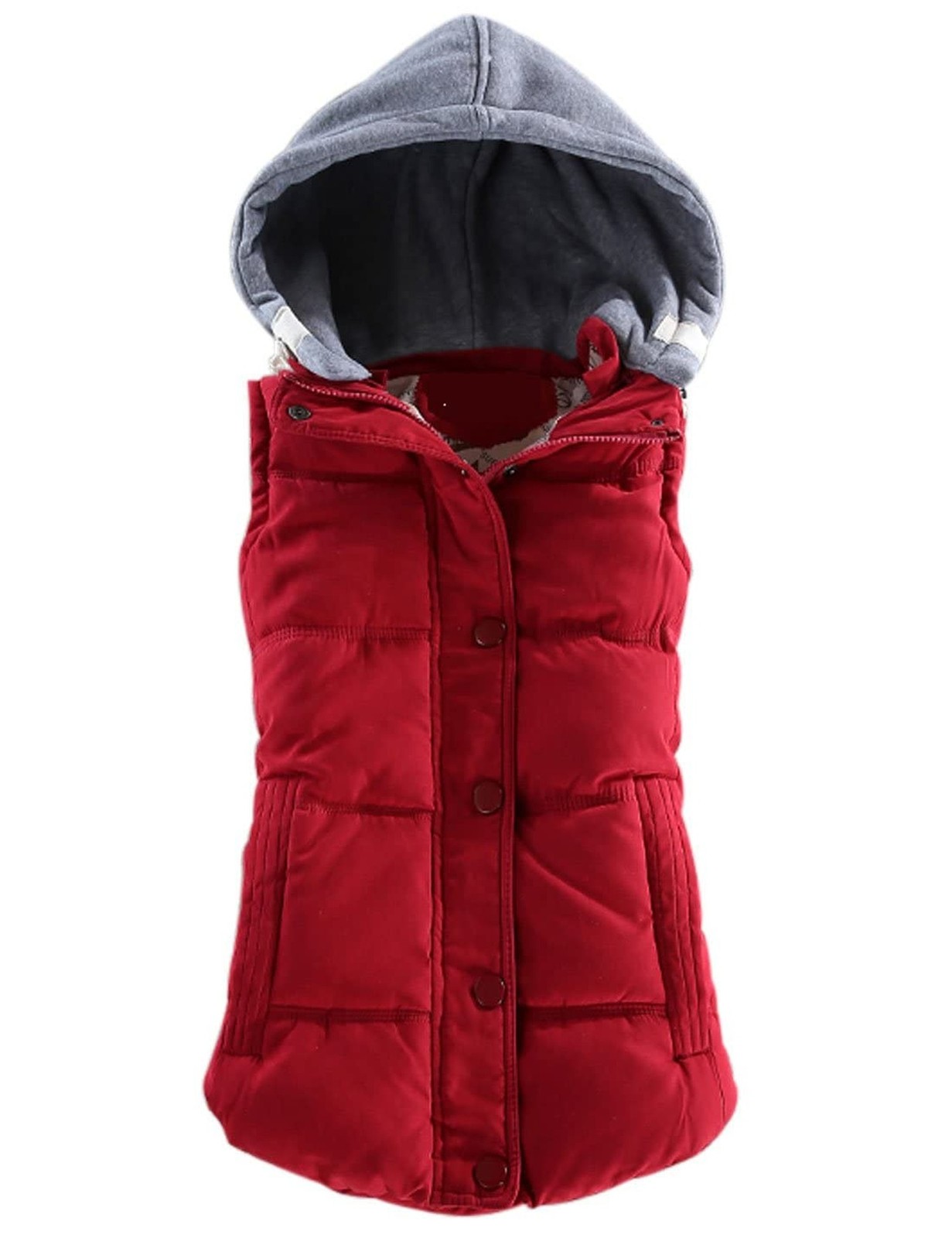 Women’s Slim Sleeveless Quilted Removable Hooded Winter Puffer Vest Coat Red