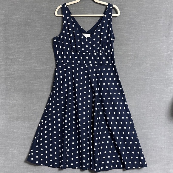 Vtg Jones Dress 12 Navy White Polkadot Babydoll Sundress Preppy Nautical Coastal