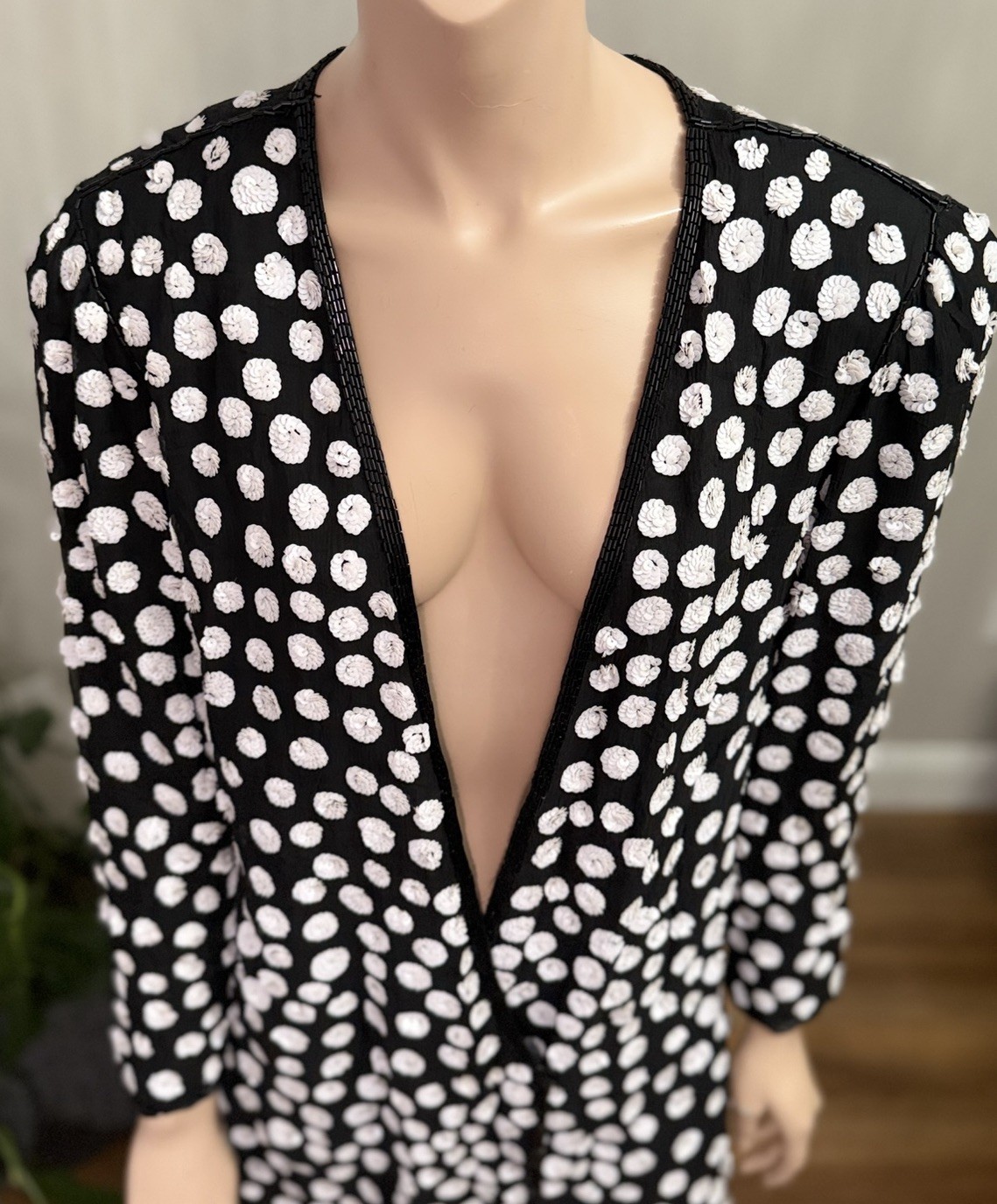 Vtg Judith Ann Creations 100% Silk Beaded Sequin Jacket Black White Polka Dot M