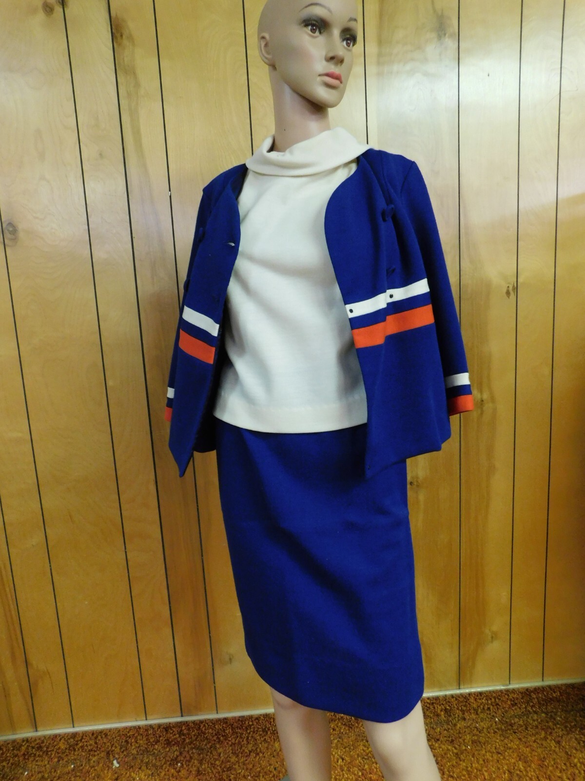 Vintage JUDY WAYNE Blue Sweater 3 pc set Skirt Blouse Jacket Waist 28-30″