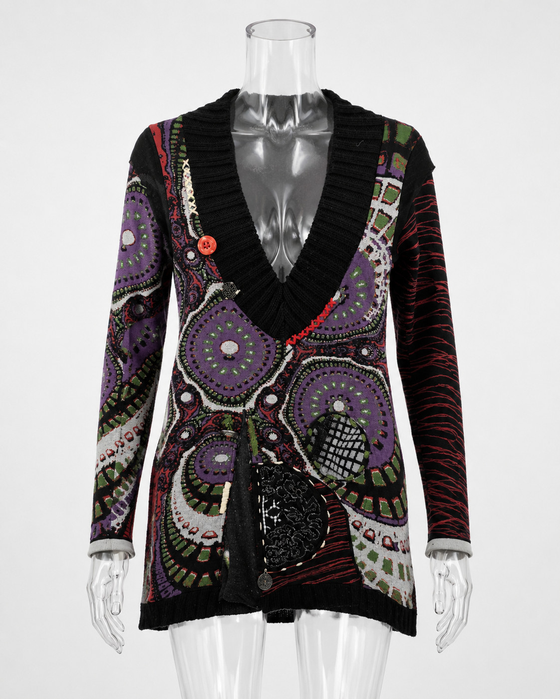 Vintage 2000s Desigual Cardigan, Colorful Patchwork Knit Jacket, Y2K Long Tunic