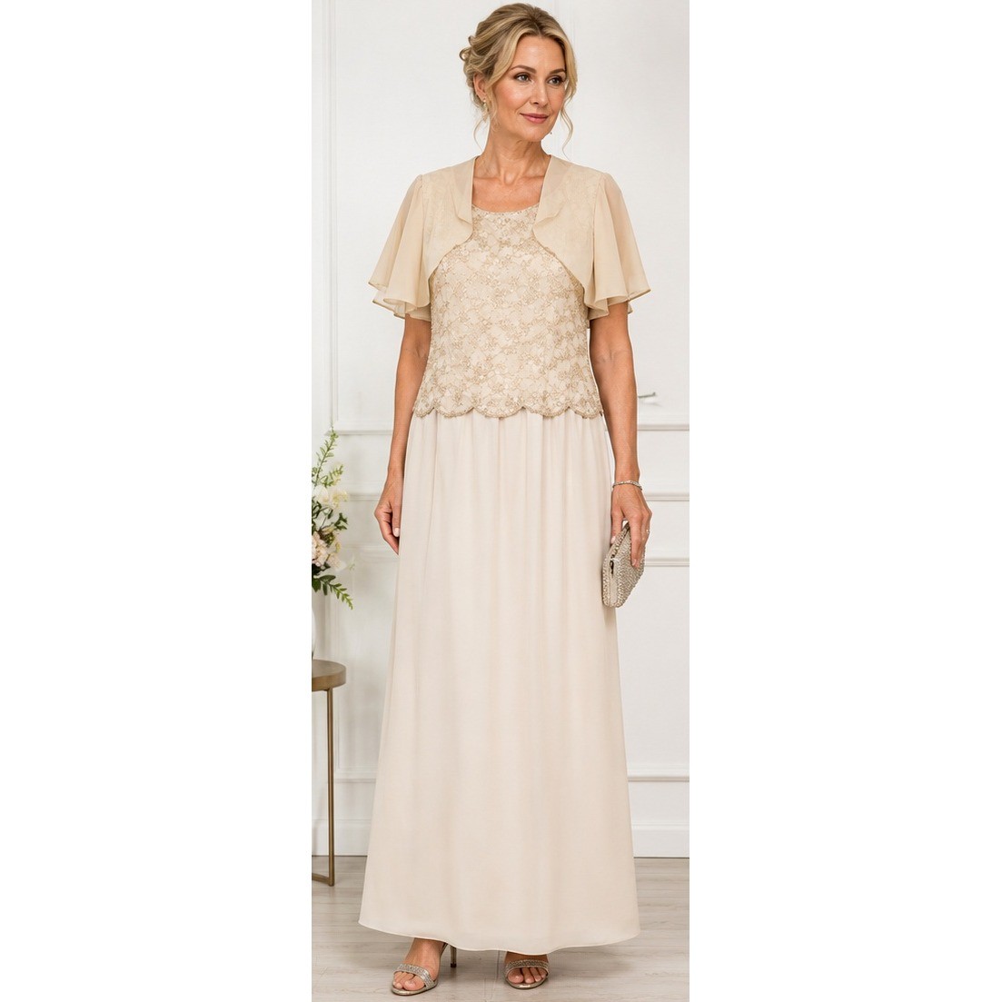 Vintage LaBelle Fashions Dress 14 Beaded Maxi Jacket Set Beige Mother Bride Gown
