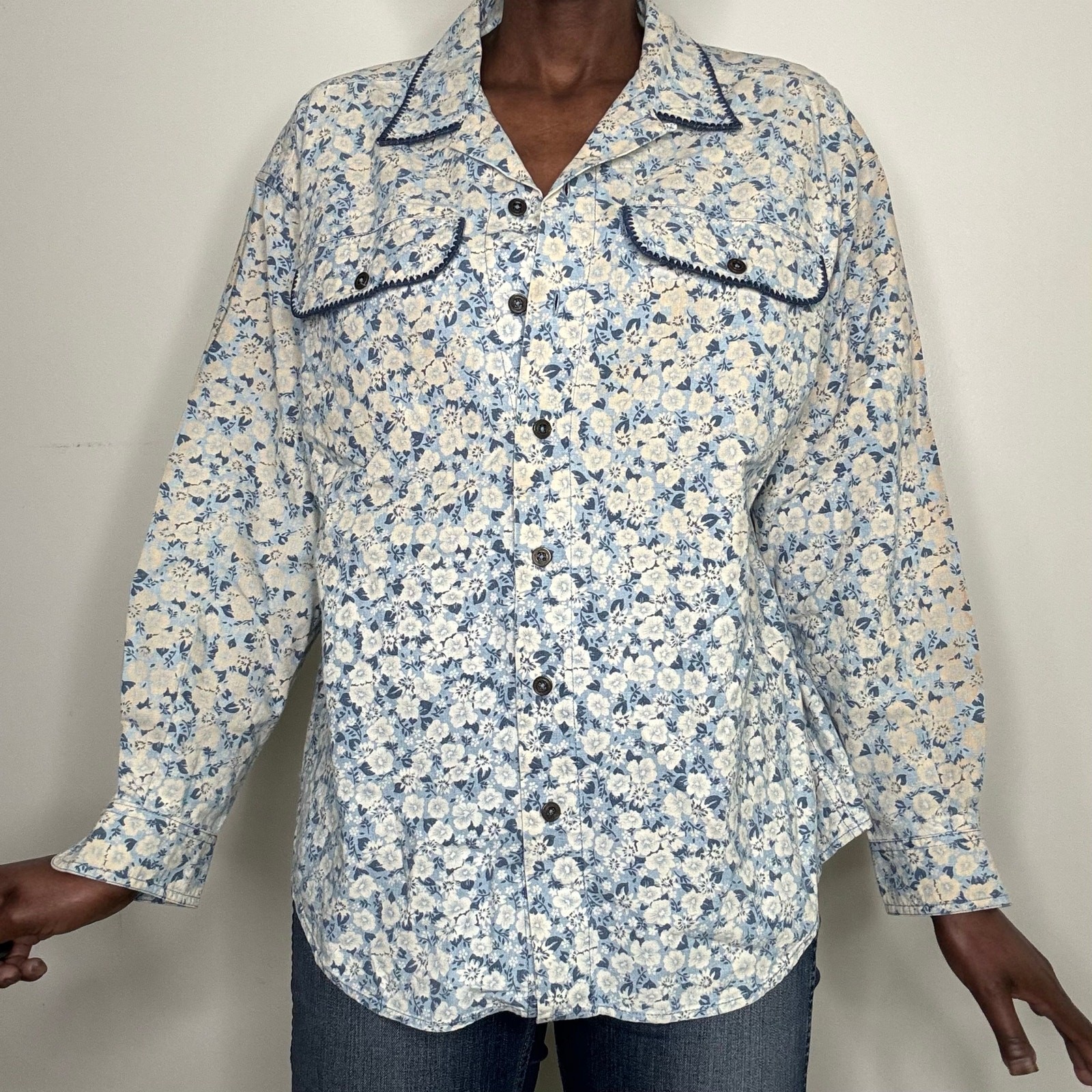 VTG 80s 90s LizWear Cottagecore Floral Cotton Button up Blouse Size Medium