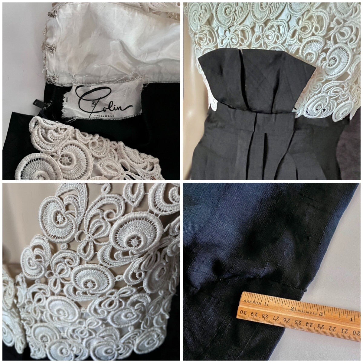 1950s Colin Originals Inky Black, Ivory Wiggle Dress, Lacy Bodice, Petite , VLV