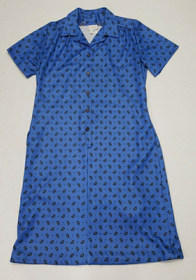 VTG Nancy Frock Wear Anywhere Dress Sz 14 Blue Floral Paisley Short Sleeve Belt