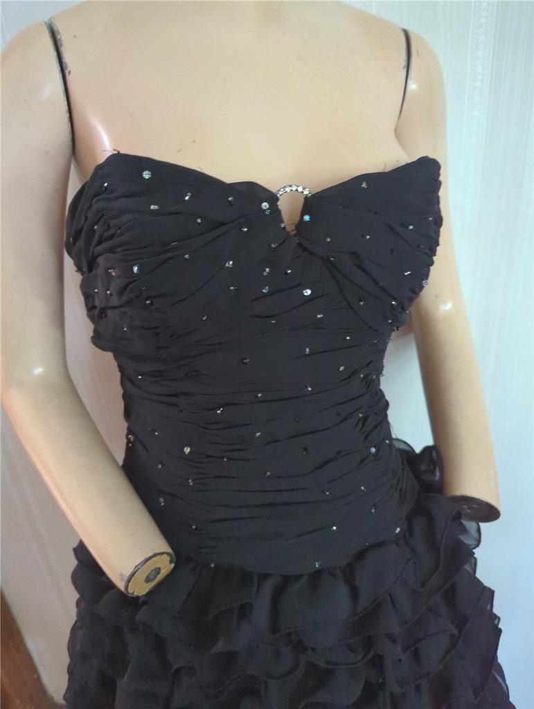 1980’S VINTAGE BLACK STRAPLESS RUFFLE BEADED XCITE PROM DRESS 33″ BUST