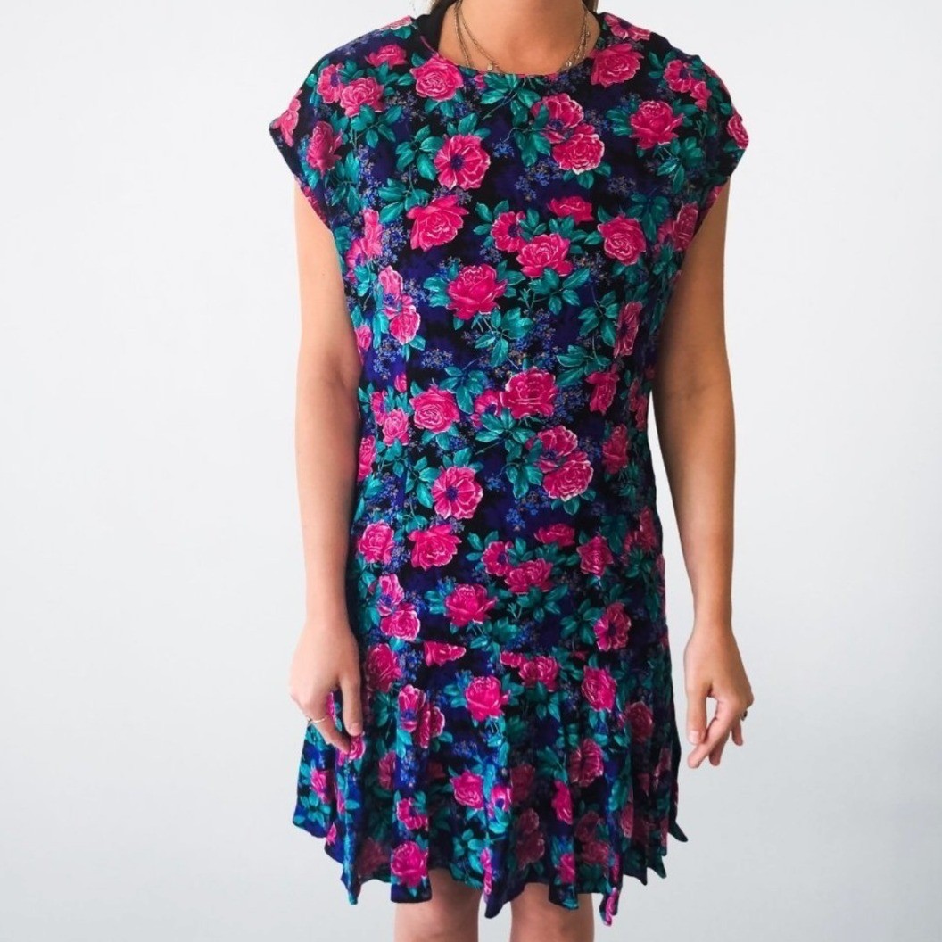 Vintage Ultra Dress New York Pink Rose Floral Drop Waist Mini Dress Size 10 USA