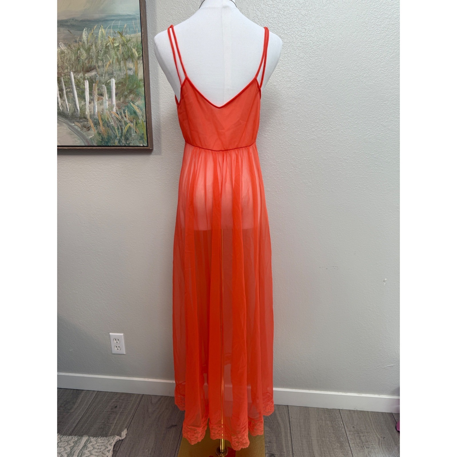 Vintage Orange Sheer Maxi Nightgown Lace Trim Double Strap Sleepwear Dress