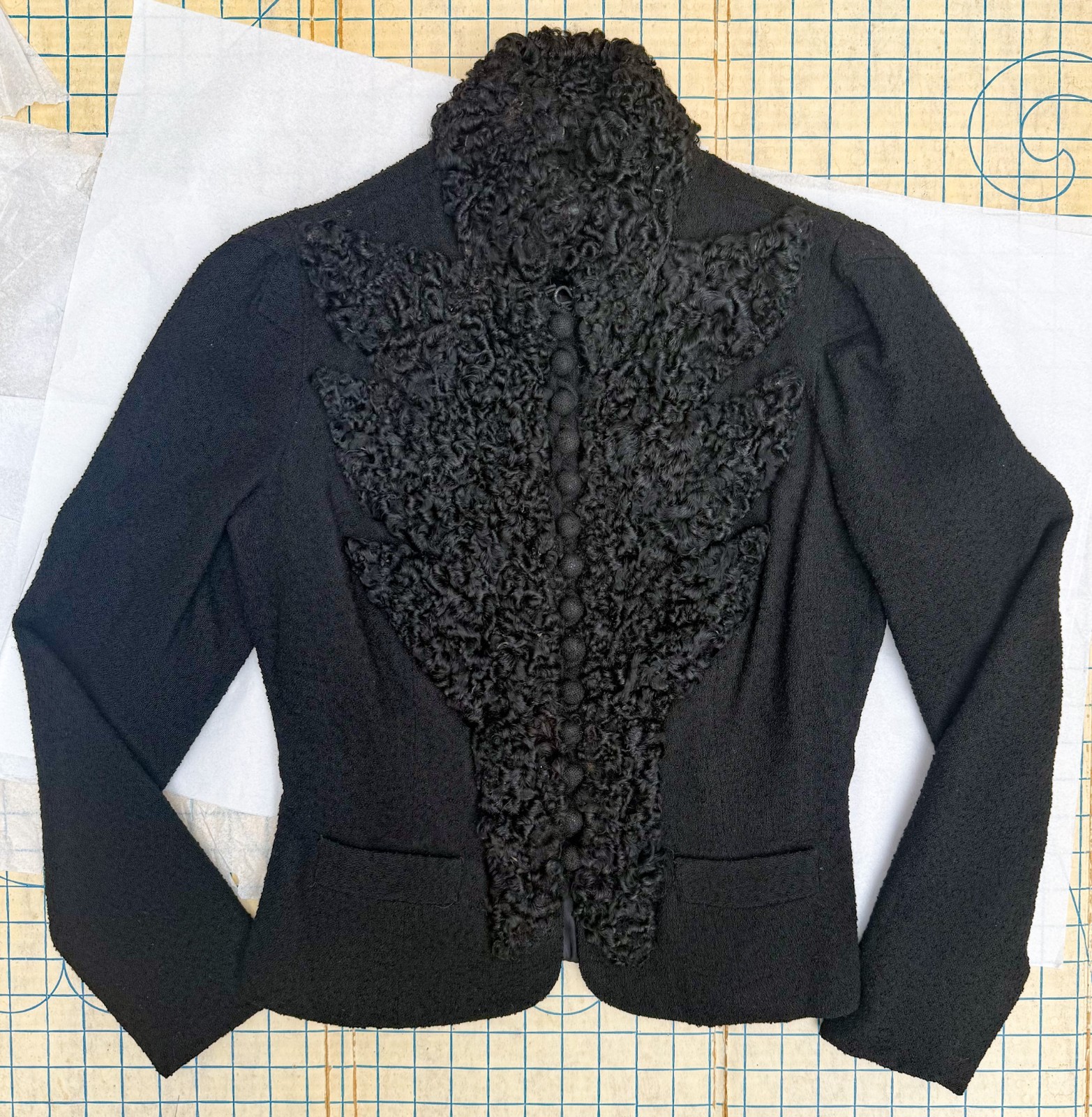 Antique Victorian Mourning Jacket Black Wool Astrakhan Fur High Collar Gothic XS