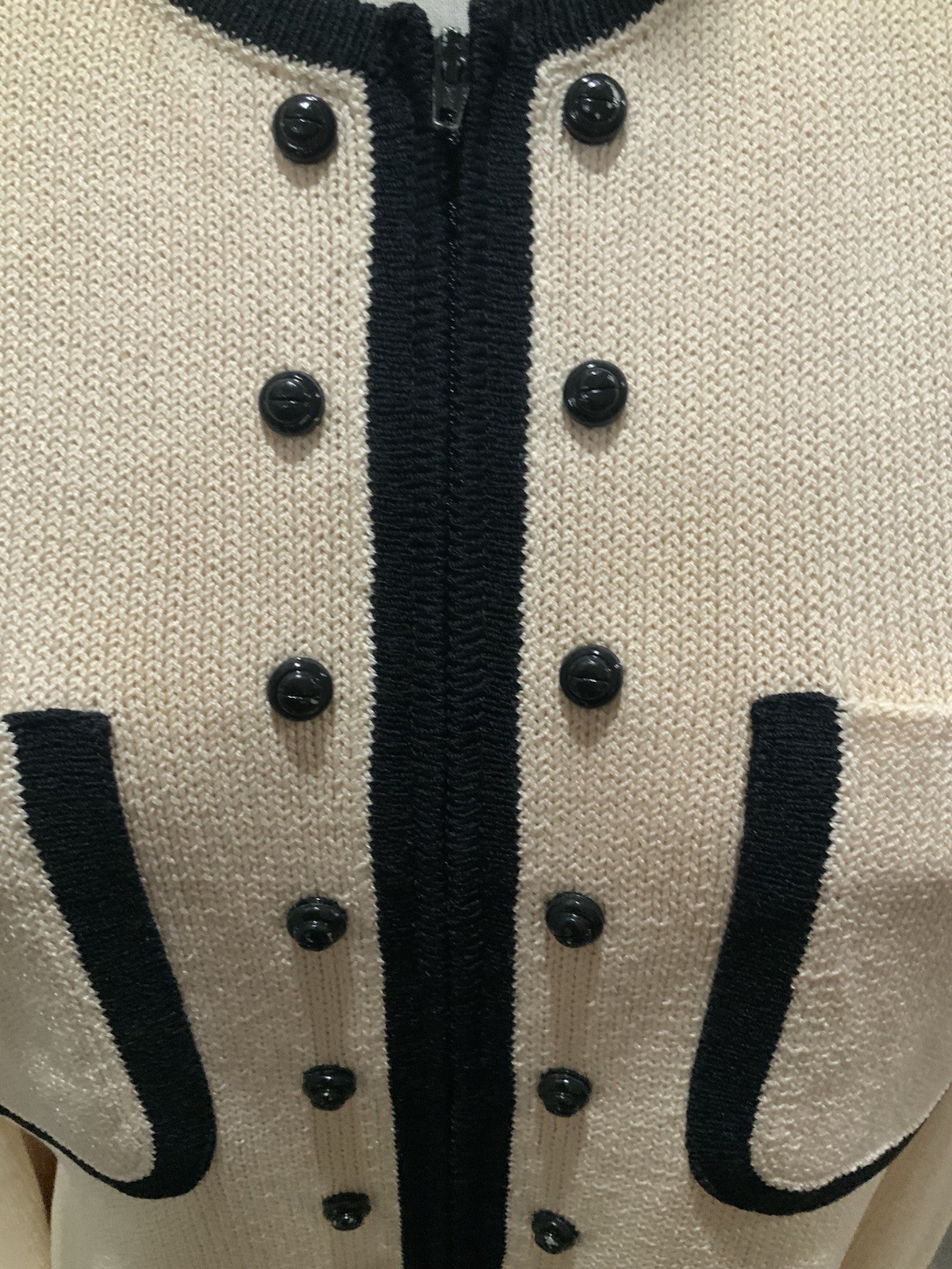 St John Vintage Zip Cardigan Sweater Cream /Black Decorative Buttons Size 4