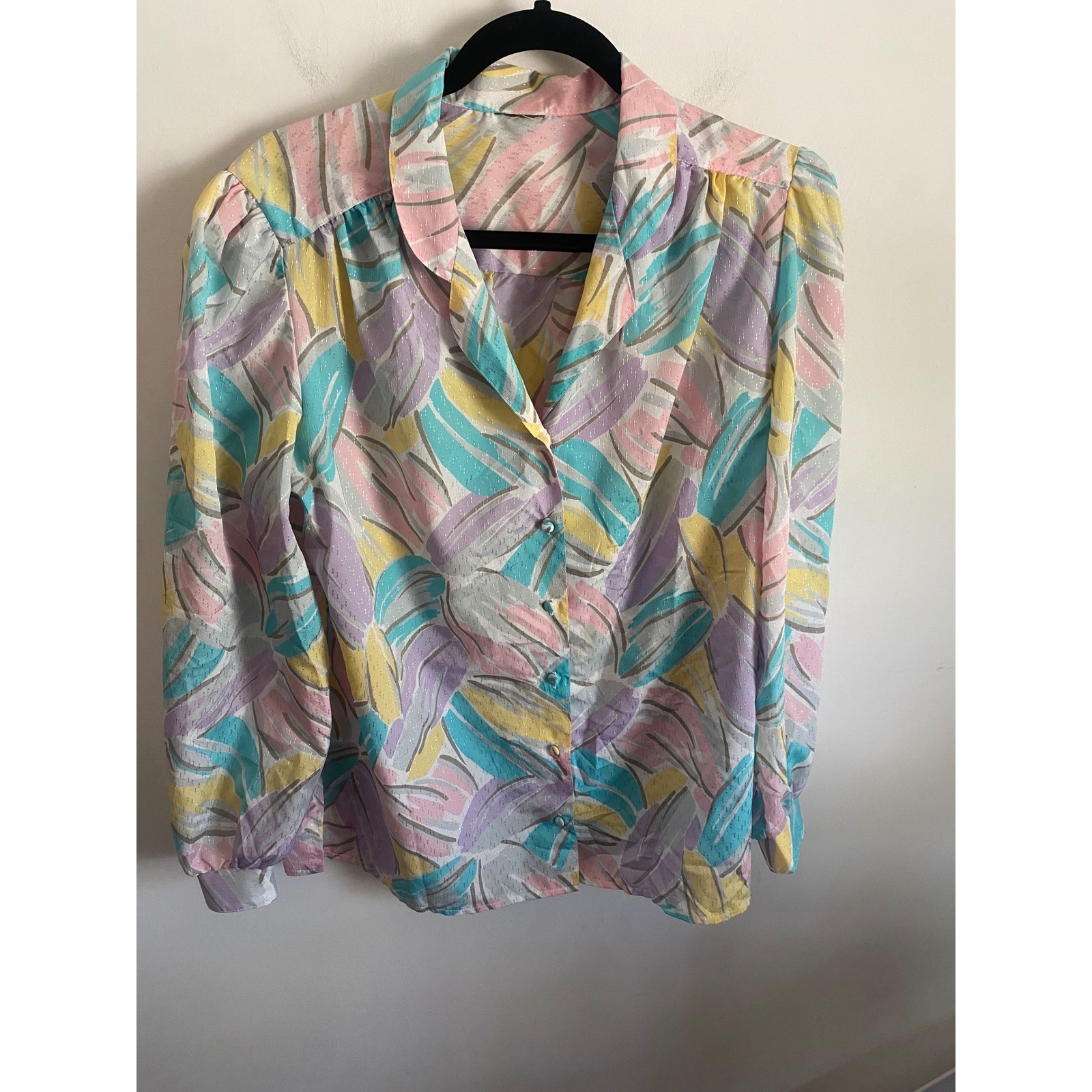 Vintage Pastel Abstract Leaf Metallic Shimmer Blouse Long Sleeve Button Up 80s