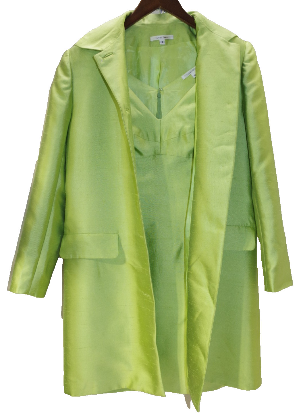Y2 Vintage Susan Lazar 10 Neon Green Silk & Wool Shantung Coat & Dress Ensemble