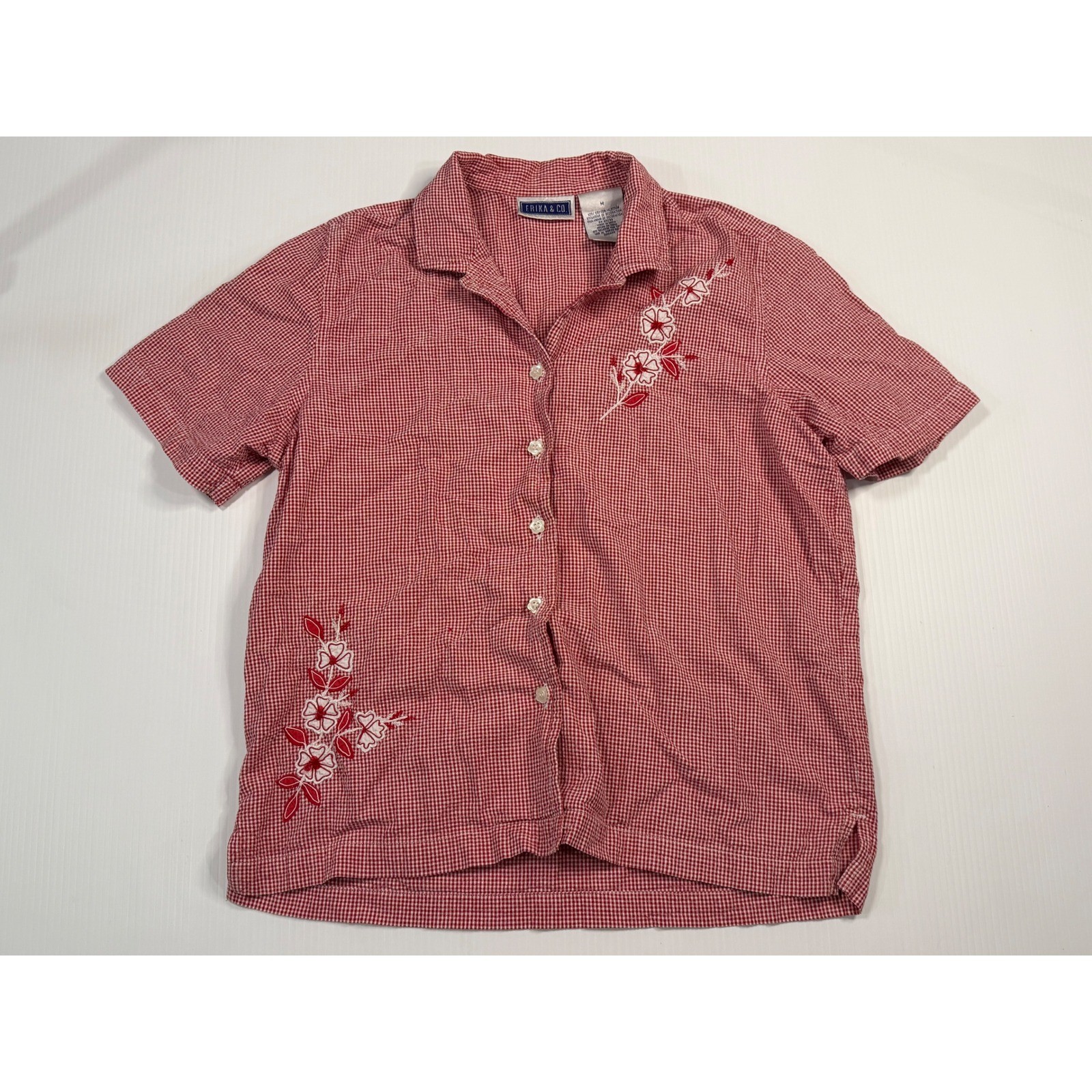 VTG Erika & Co Outfit Set Red Gingham Floral Embroidered Short Sleeve Medium