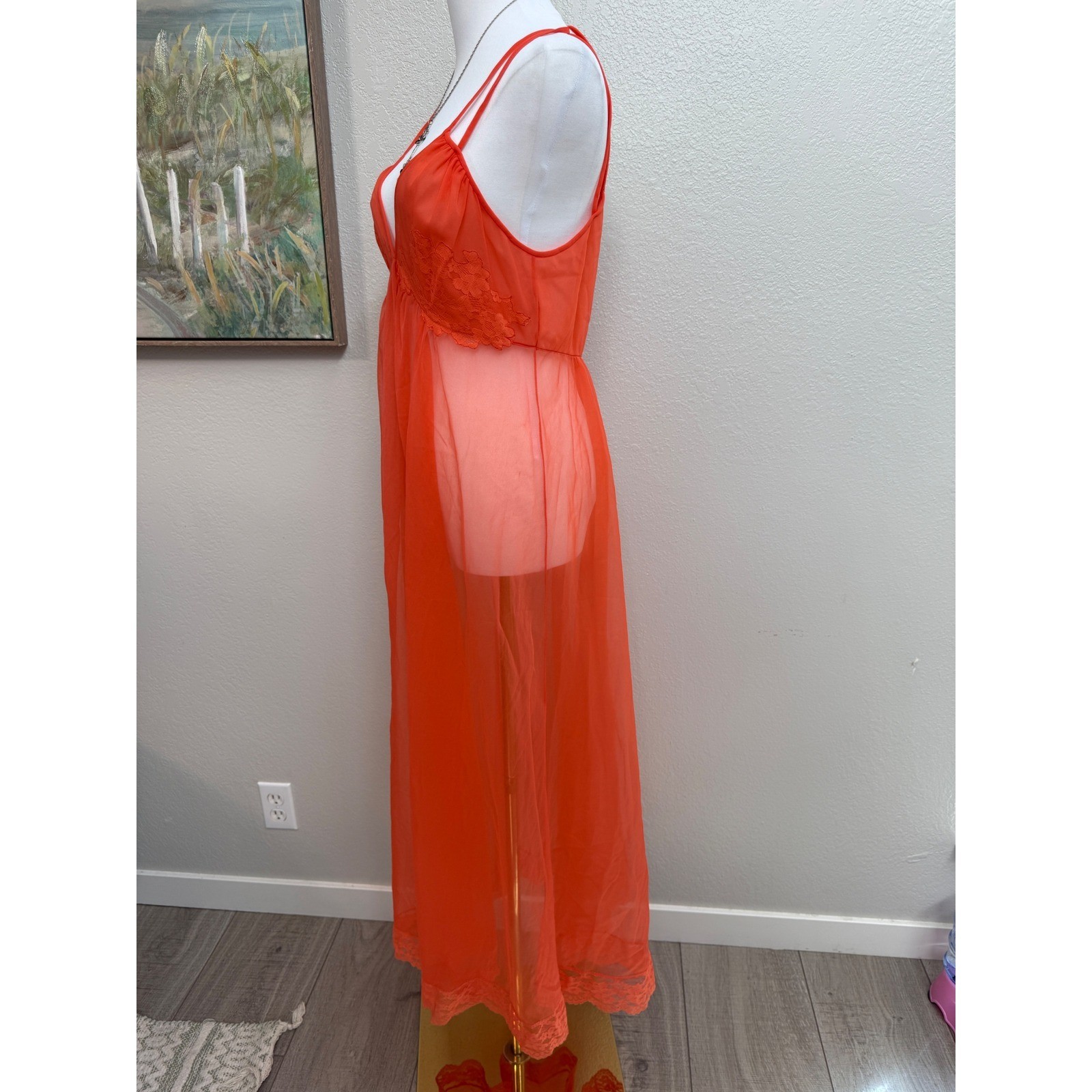 Vintage Orange Sheer Maxi Nightgown Lace Trim Double Strap Sleepwear Dress