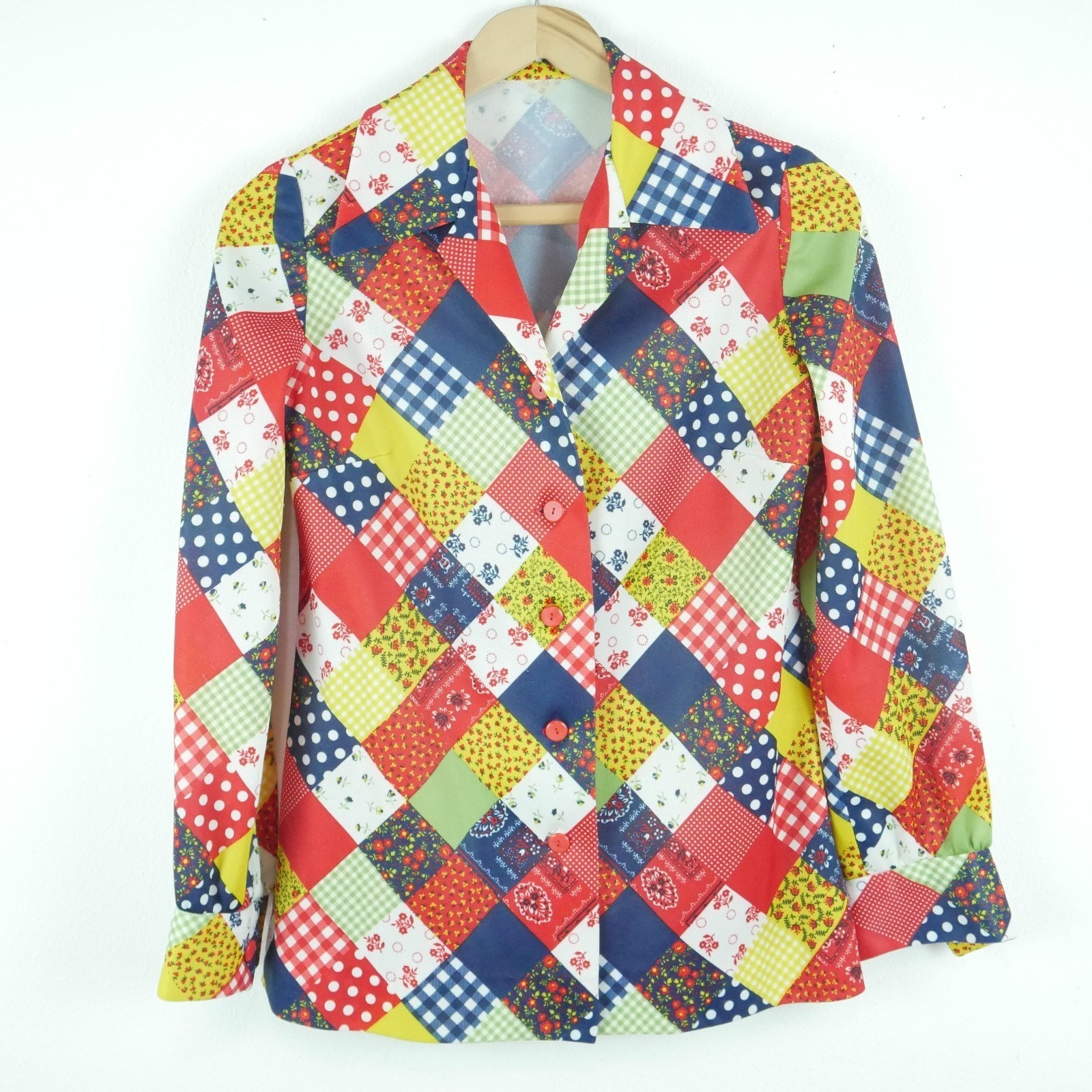 Vintage XS Shirt 70s Patchwork Print Novelty Retro Disco Hippy Polyester Plaid