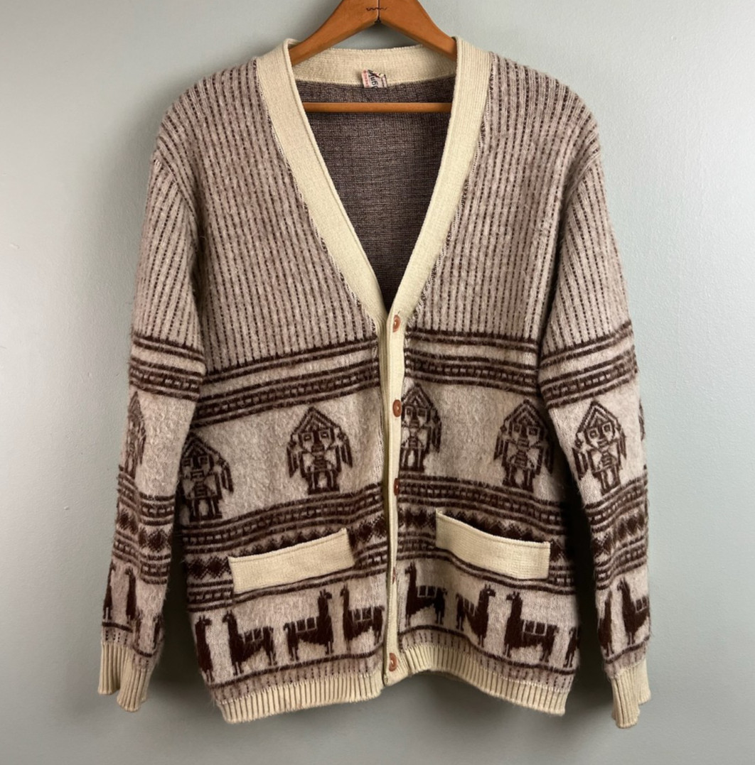 Ogniotex Vintage 70s Andes Grange Alpaca Wool Cardigan Sweater LG Llama Peruvian