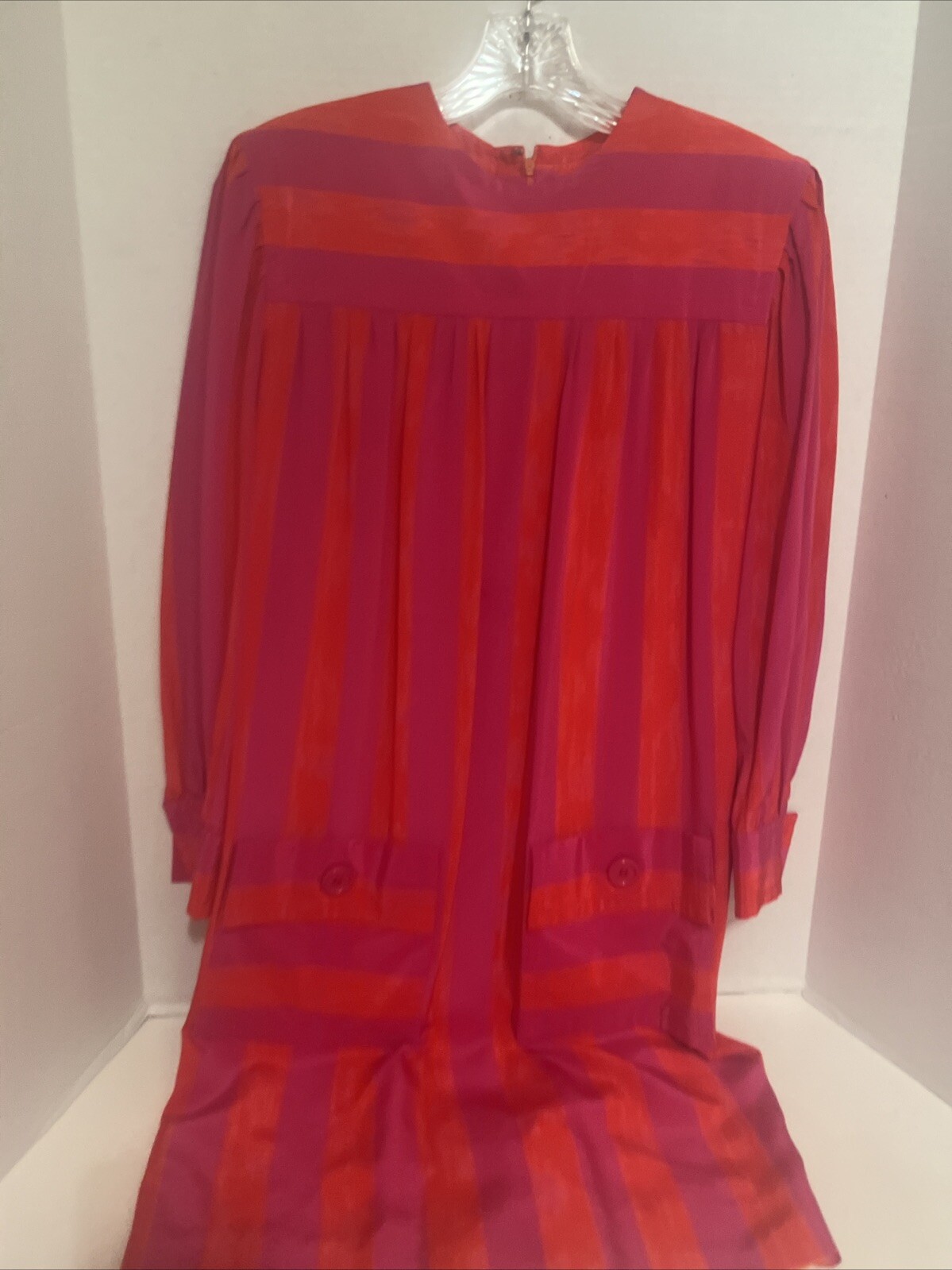 VINTAGE ADELE SIMPSON SILK COCKTAIL SHIFT DRESS PINK ORANGE Striped Size 12
