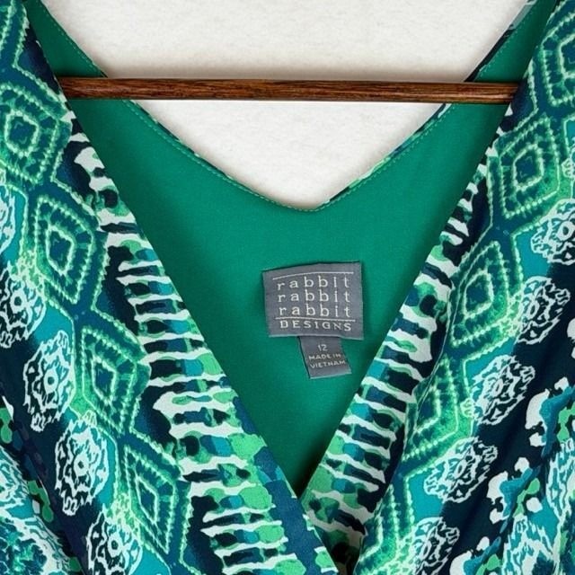 Rabbit rabbit Rabbit Designs Faux Wrap Dress Womens 12 Green Ikat Print Boho