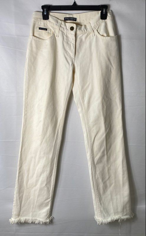 Vintage Y2K Dolce & Gabbana Women’s Beige Raw Hem Frayed Jeans Made Italy Sz 28