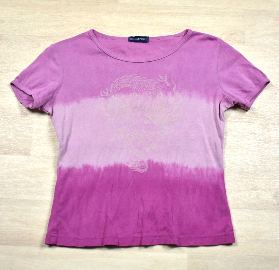 Y2K Blue Asphalt T Shirt Babydoll Tee Tie Dye Dragon Pink Fuchsia MED VTG 2000s