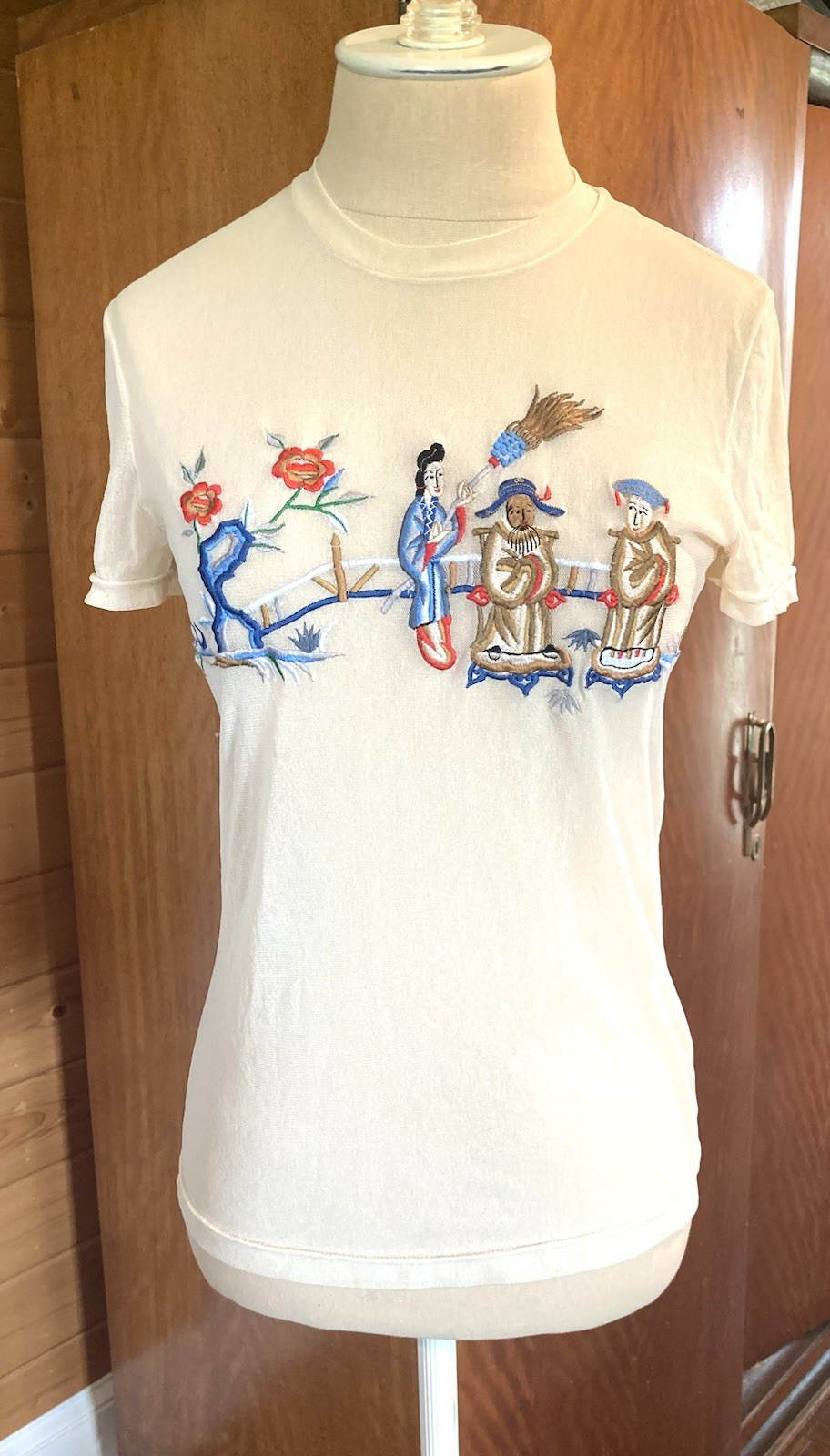 Vintage 1990s Vivienne Tam mesh top embroidered Asian figures, flowers