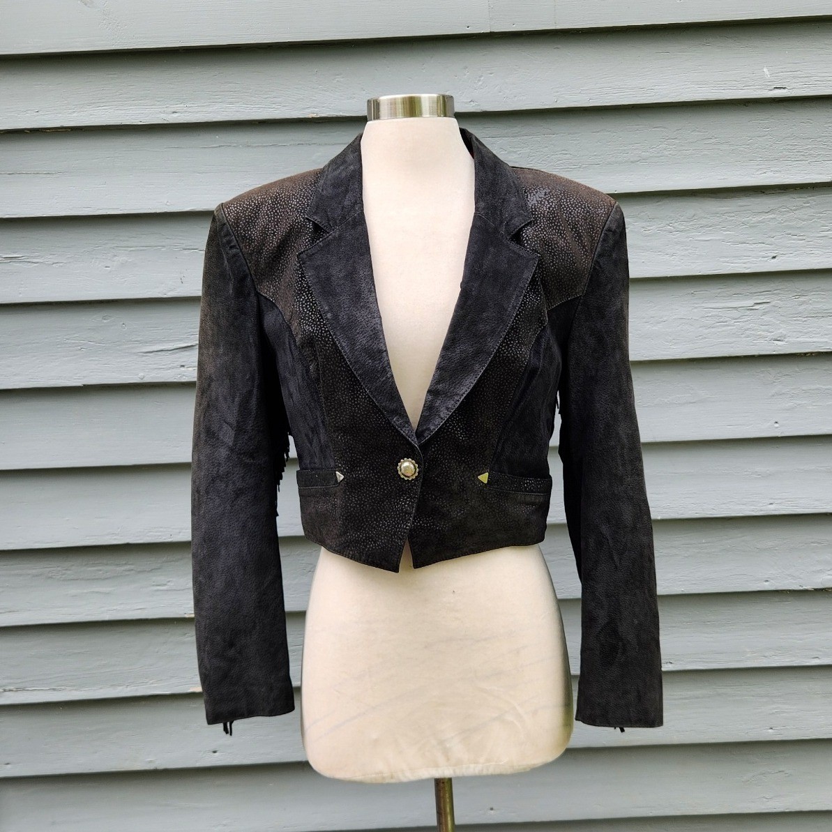 Vintage 80s Black Suede Fringe Cropped Western Jacket Pebble Texture Medium