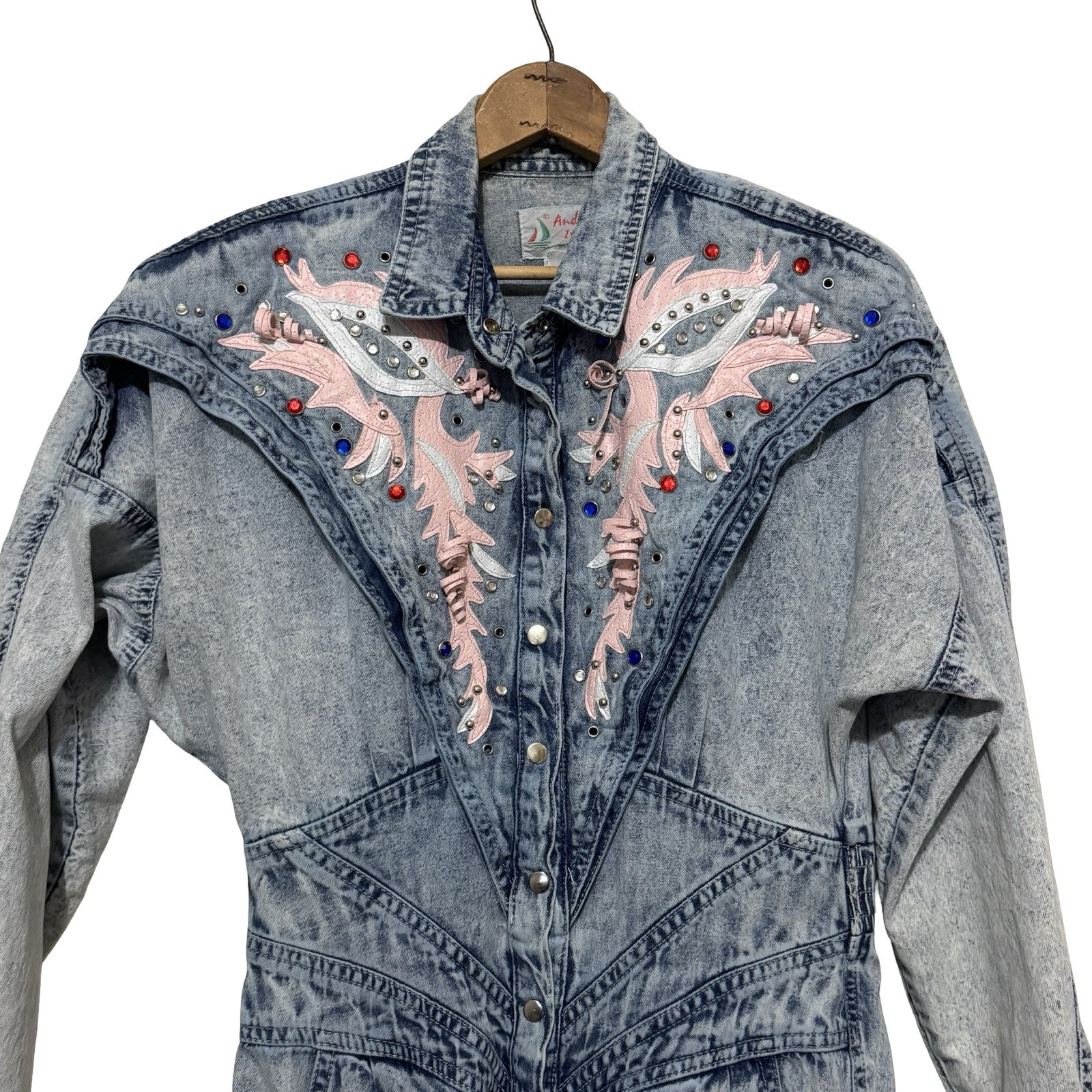 Vintage 80s Amdiano Italia Denim Acid Wash Jumpsuit size Medium pink leather gem