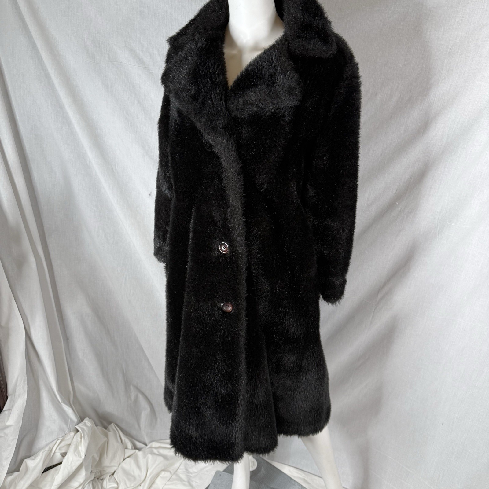 70s 80s black faux fur pile trench coat size S/M mobwife mafia midi length vtg