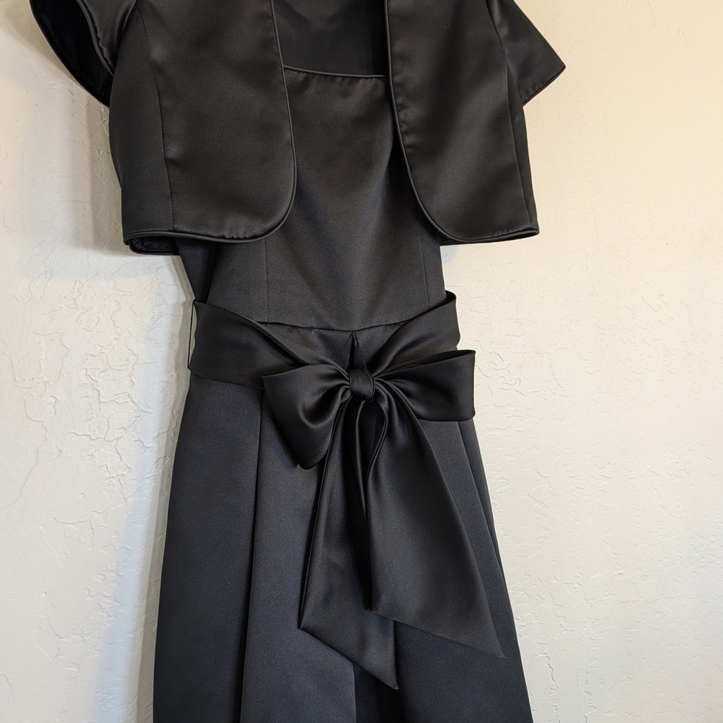 VTG LBD Two Piece Satin Bow Dress Bolero Jacket Cocktail Evening Formal Midi