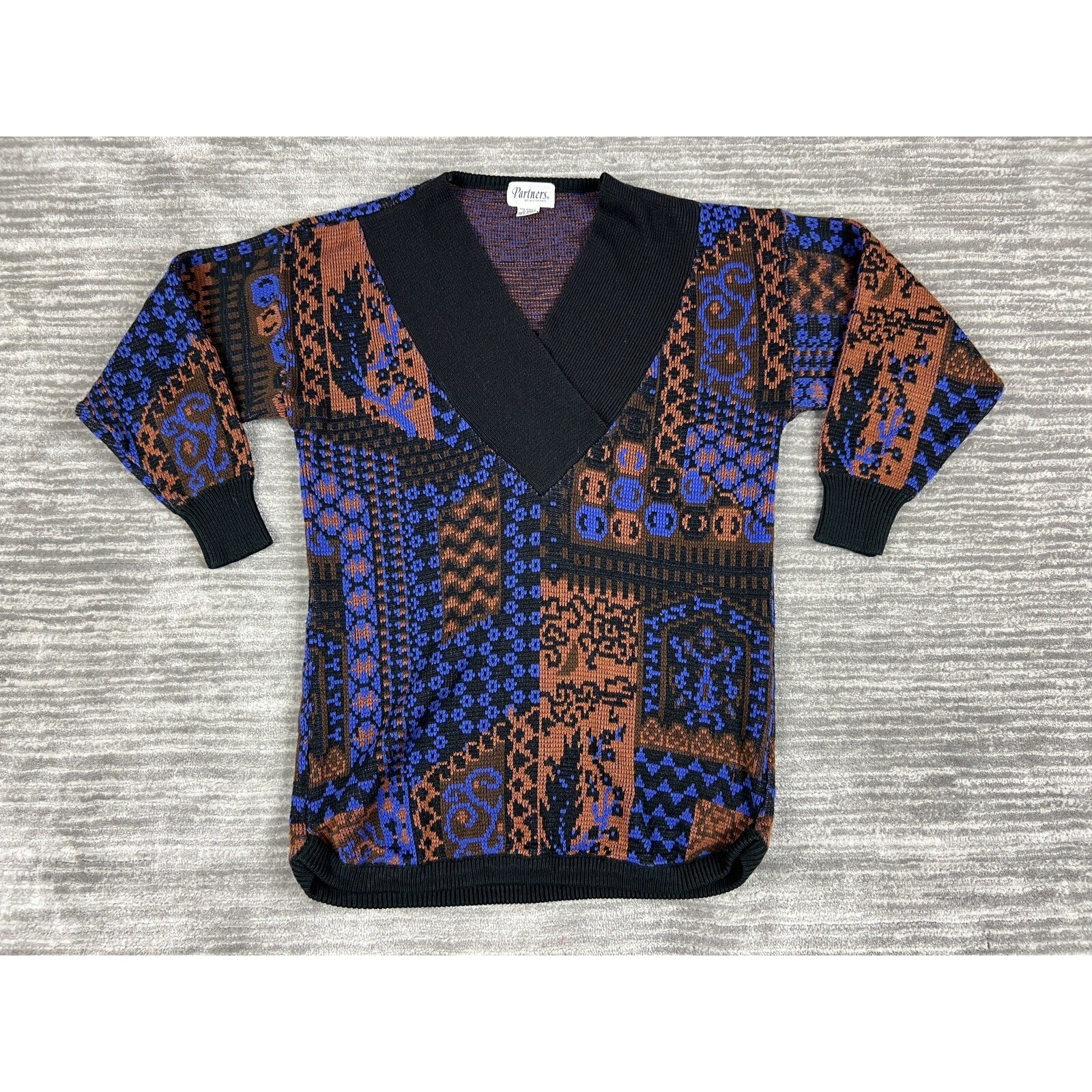 Partners by Mervyns Sweater Women Medium Blue Brown Vintage Patchwork V-Neck 80s