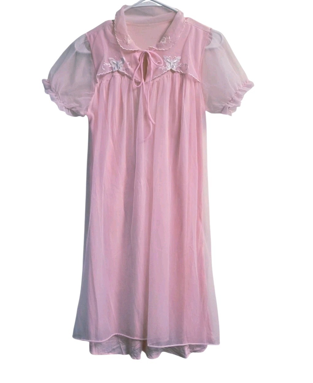 Vintage 60s Pink Chiffon Embroidered Nightgown Lingerie Dress Sz Small