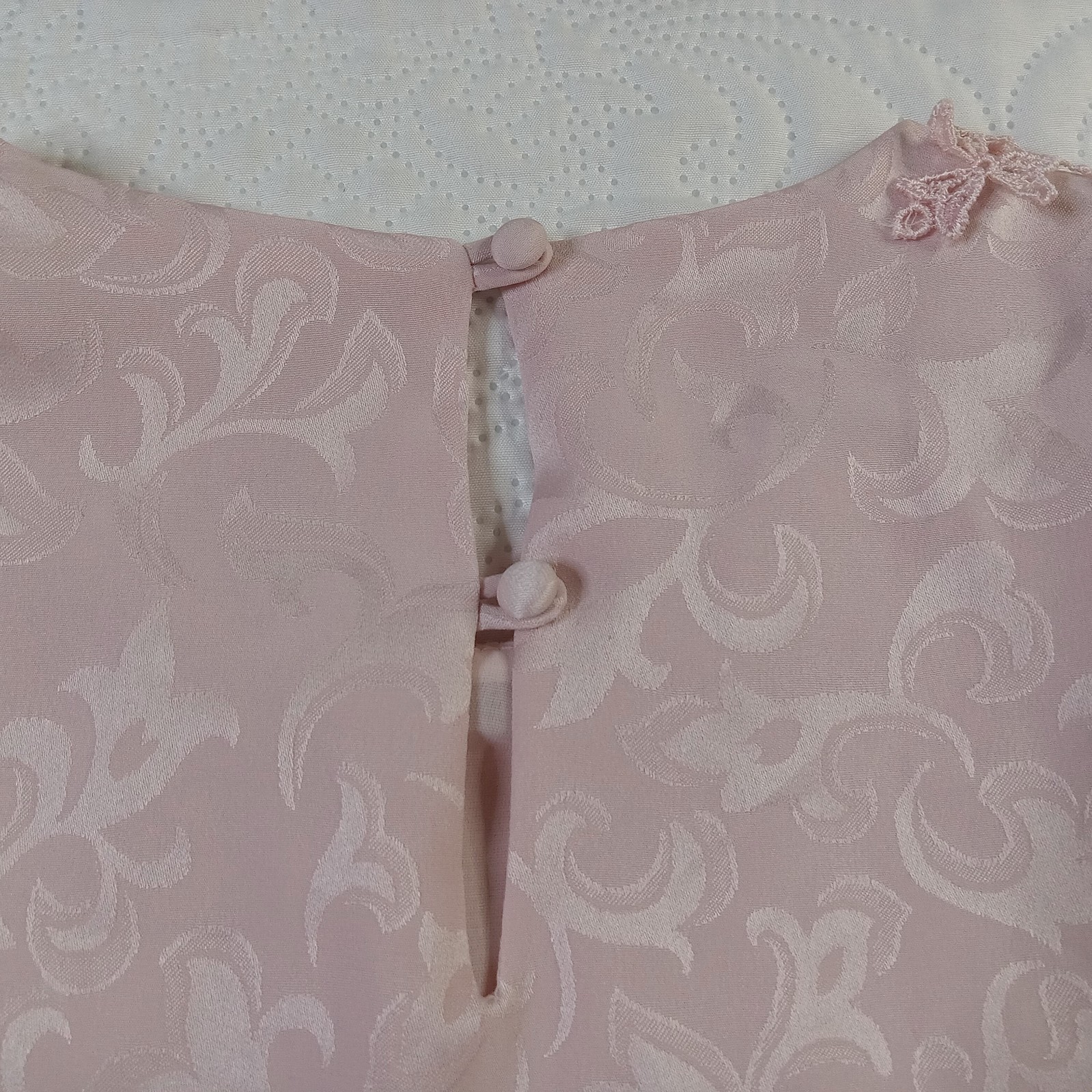In The Mood MOB Dress 14 Pink Jacquard Belted Crocheted Pleated Vtg 80s EUC