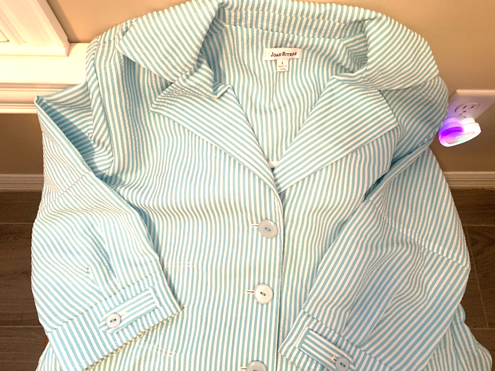 Vintage Joan Rivers Blue & White Searsucker Jacket Spring blaze Size Large/XL