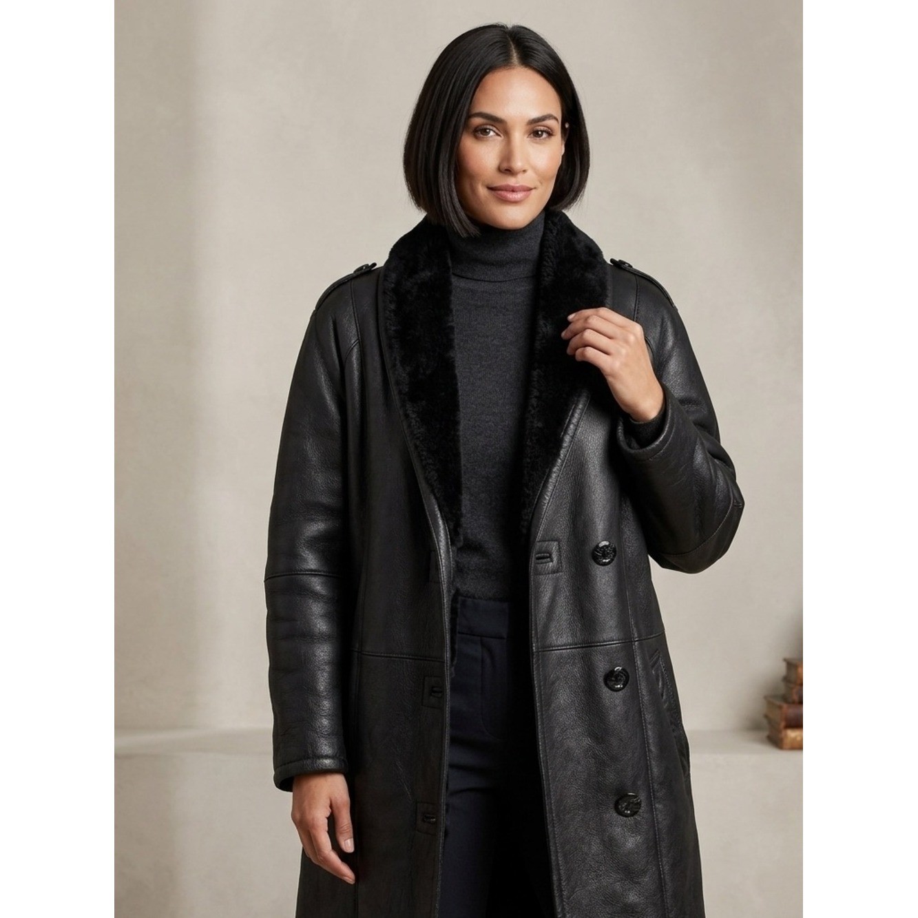 Montreal Sheepskin Genuine Shearling Coat Vintage 80s Black Leather Plush P/S