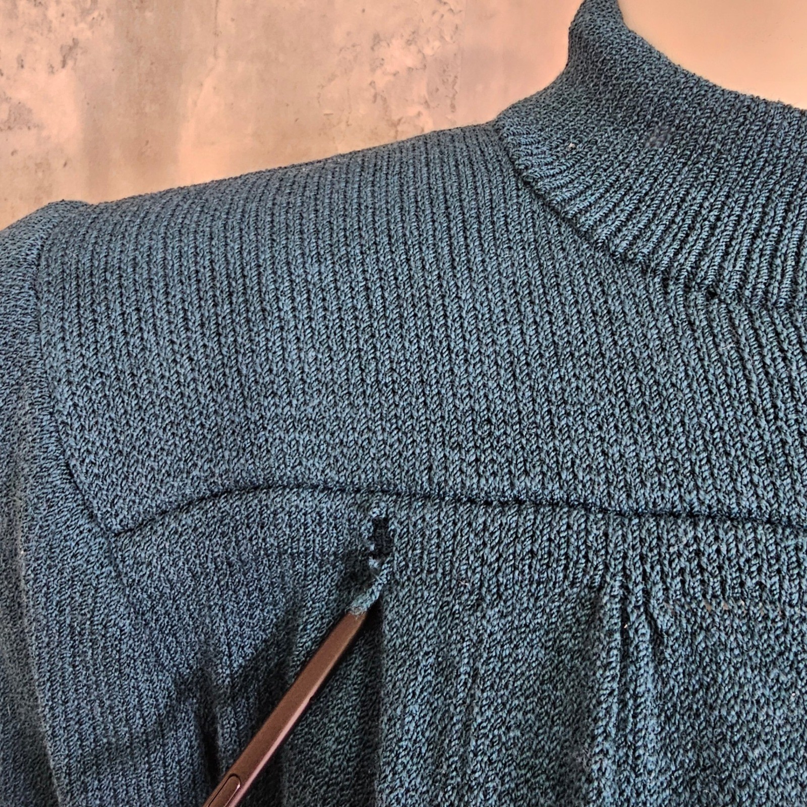 Vintage St John Marie Gray Knit Dress Teal Green Mock Neck 80s 90s FLAWED AS IS