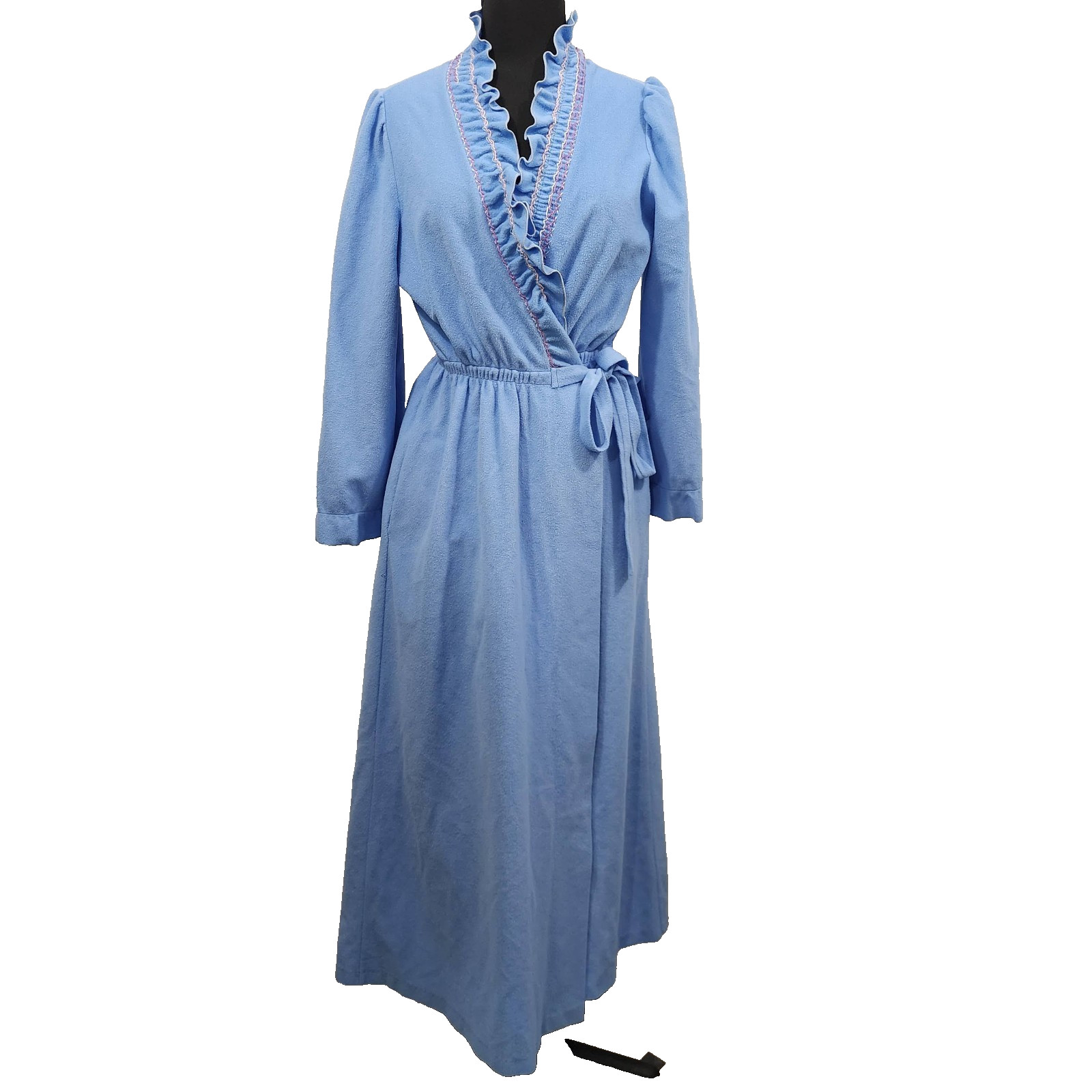 Vintage Famous Bodies Blue Terry Cloth Maxi Robe Ruffled Neckline Tie Waist Sz L