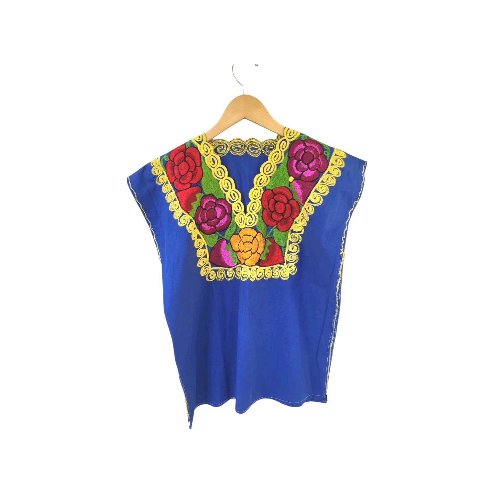 Mexican Folk Festival Embroidered Floral Huipil Tunic Pullover Top Sz S/M