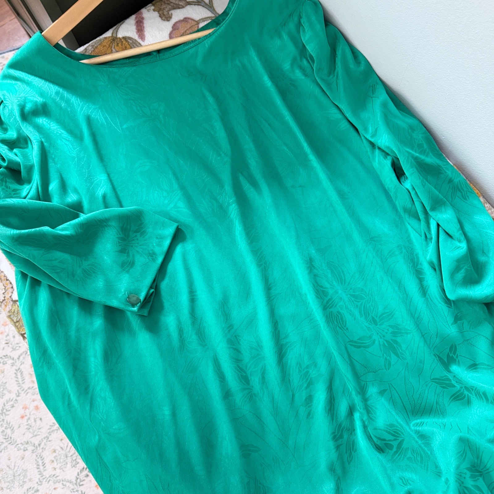 Jenny Vtg Dress Emerald Green Jewel Regency Floral Jacquard Drop Waist Blouson