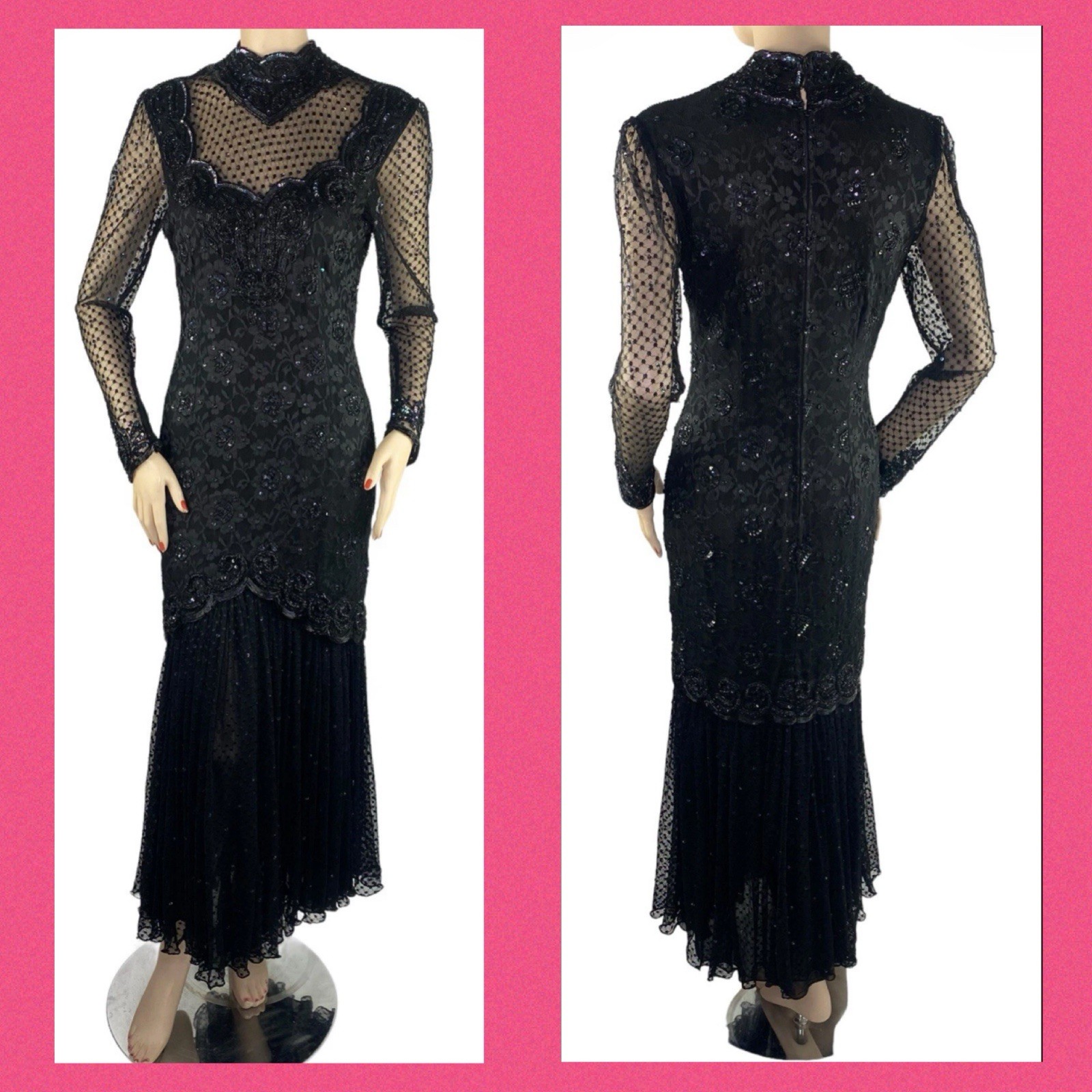 Vintage JUDITH ANN Creations Black Beaded Prom Formal Dress Gown S 80s 90s