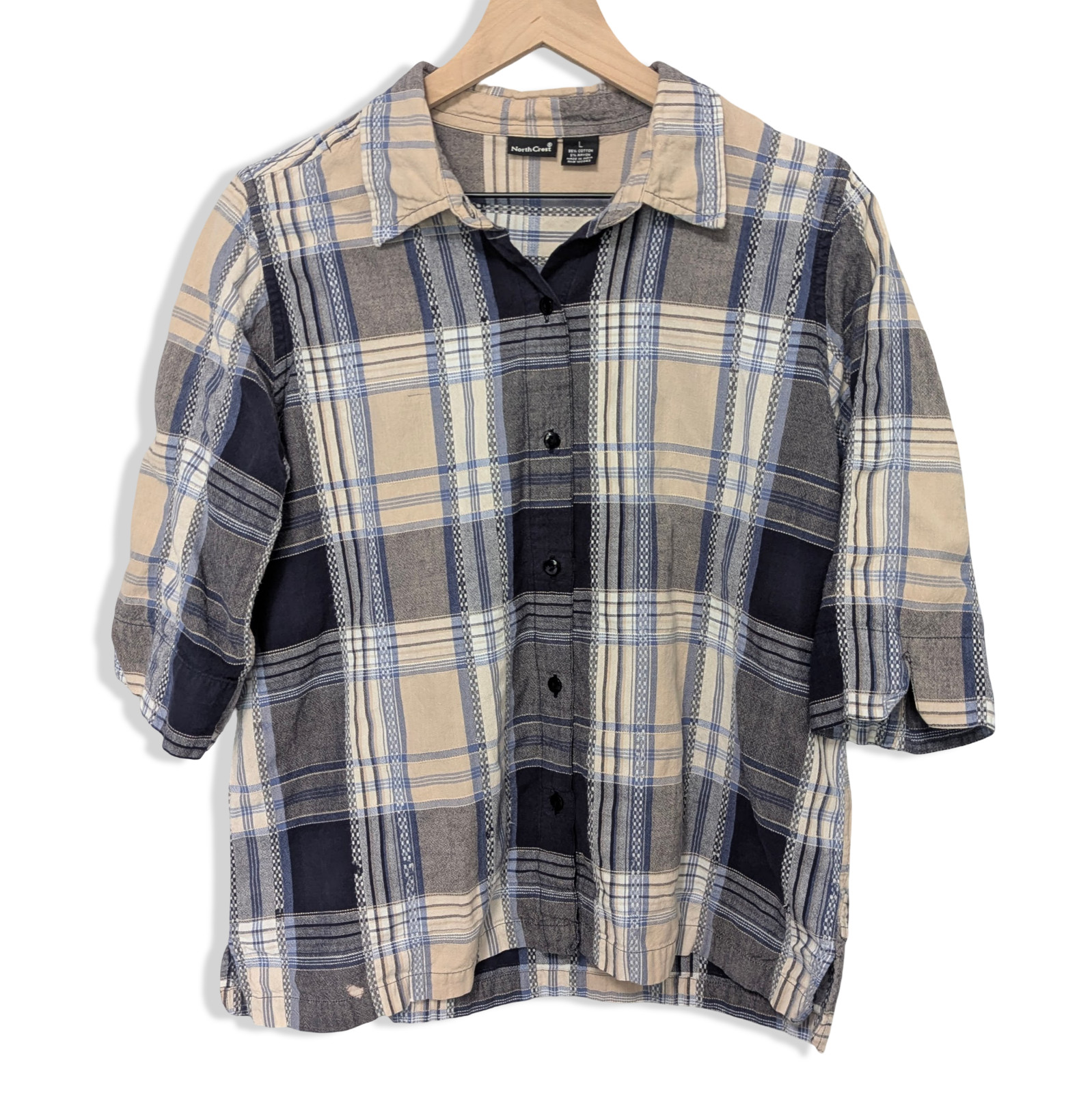 Vintage Y2K North Crest Women’s Large Plaid Flannel Cream & Blue Grandmacore