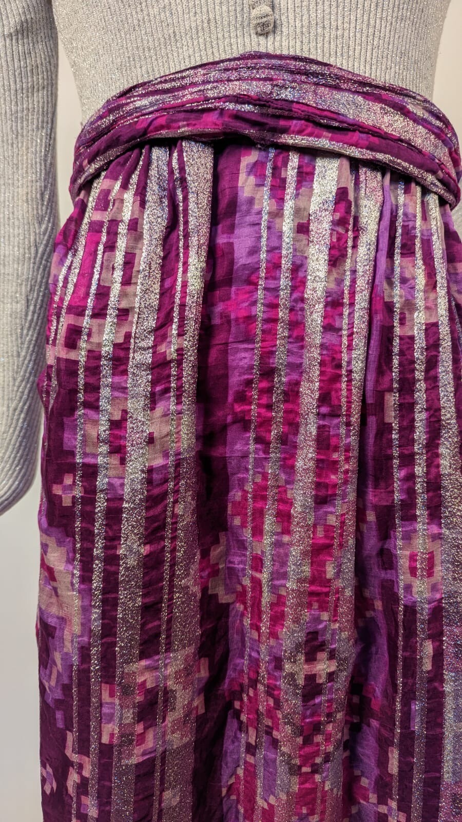 VINTAGE 1970’S GLITTERED GRAY KNIT + SILVER STRIPED FLORAL LONG DRESS