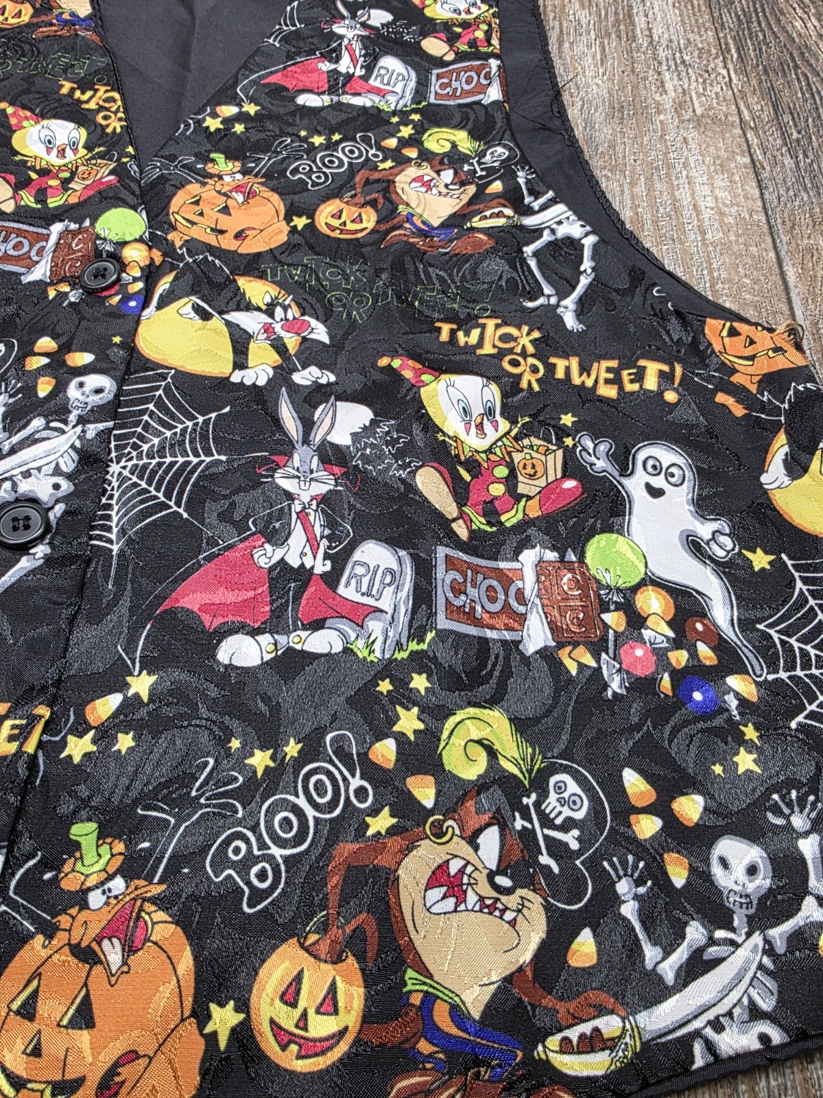 Vtg Halloween Looney Tunes Vest Tweedy, Taz, Bugs, Daffy Black Size S/M Flaw