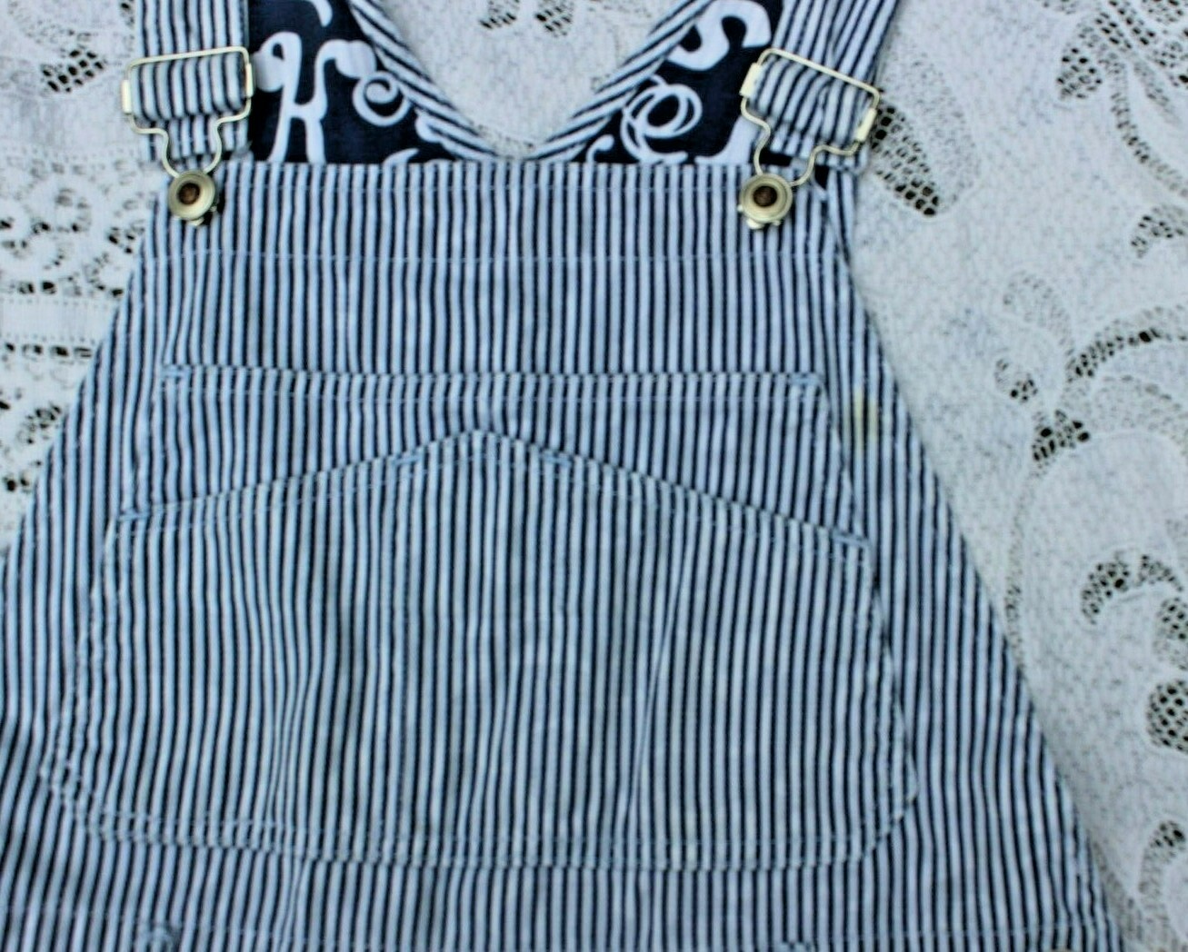 Vintage 1990’s Mixit Women’s Hickory Stripe w Alphabet Contrast Overalls Shorts