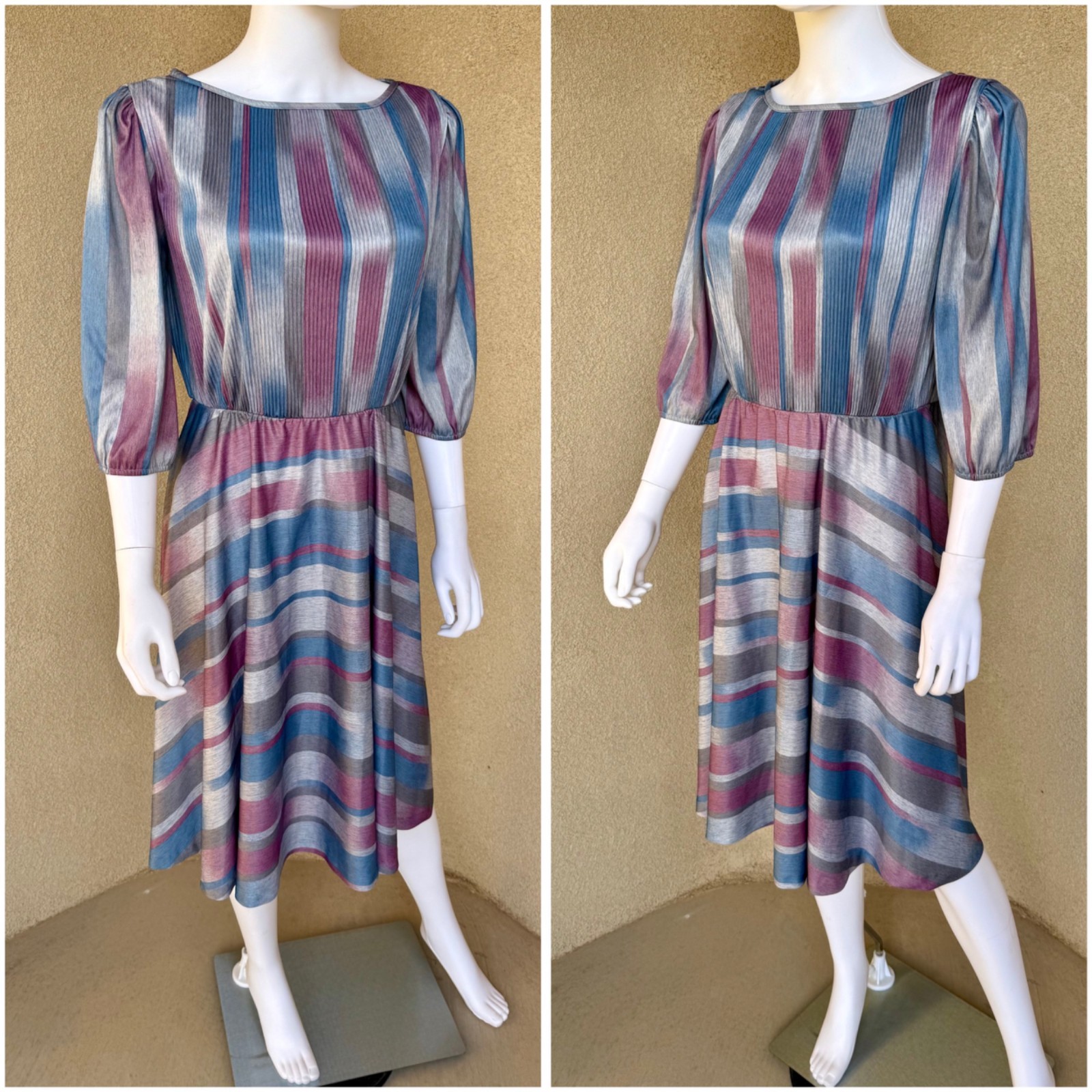 Vintage 70s Monochromatic & Muted Tones Striped Dress